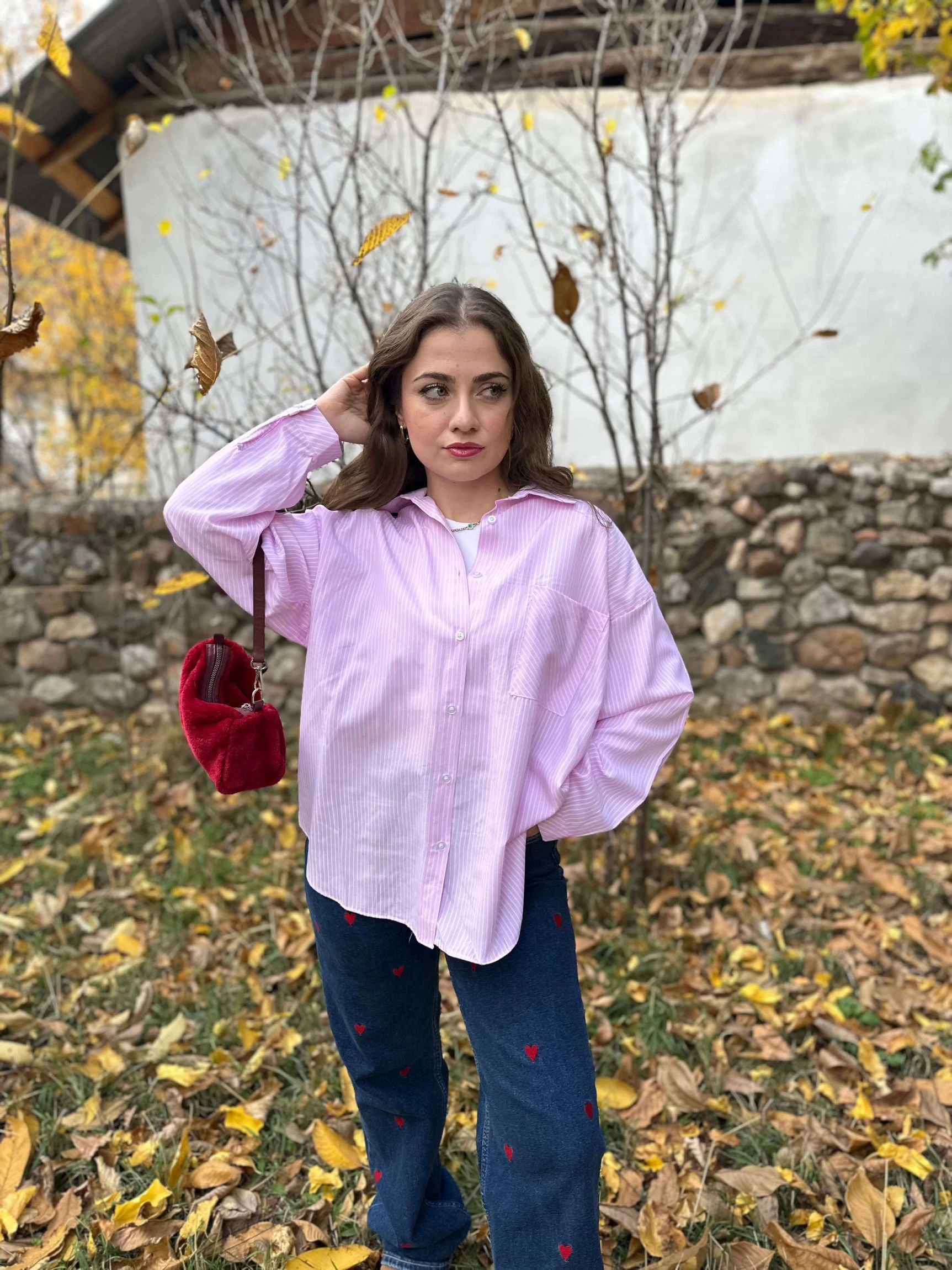 Çizgili Poplin Kumaş Gömlek - Pembe