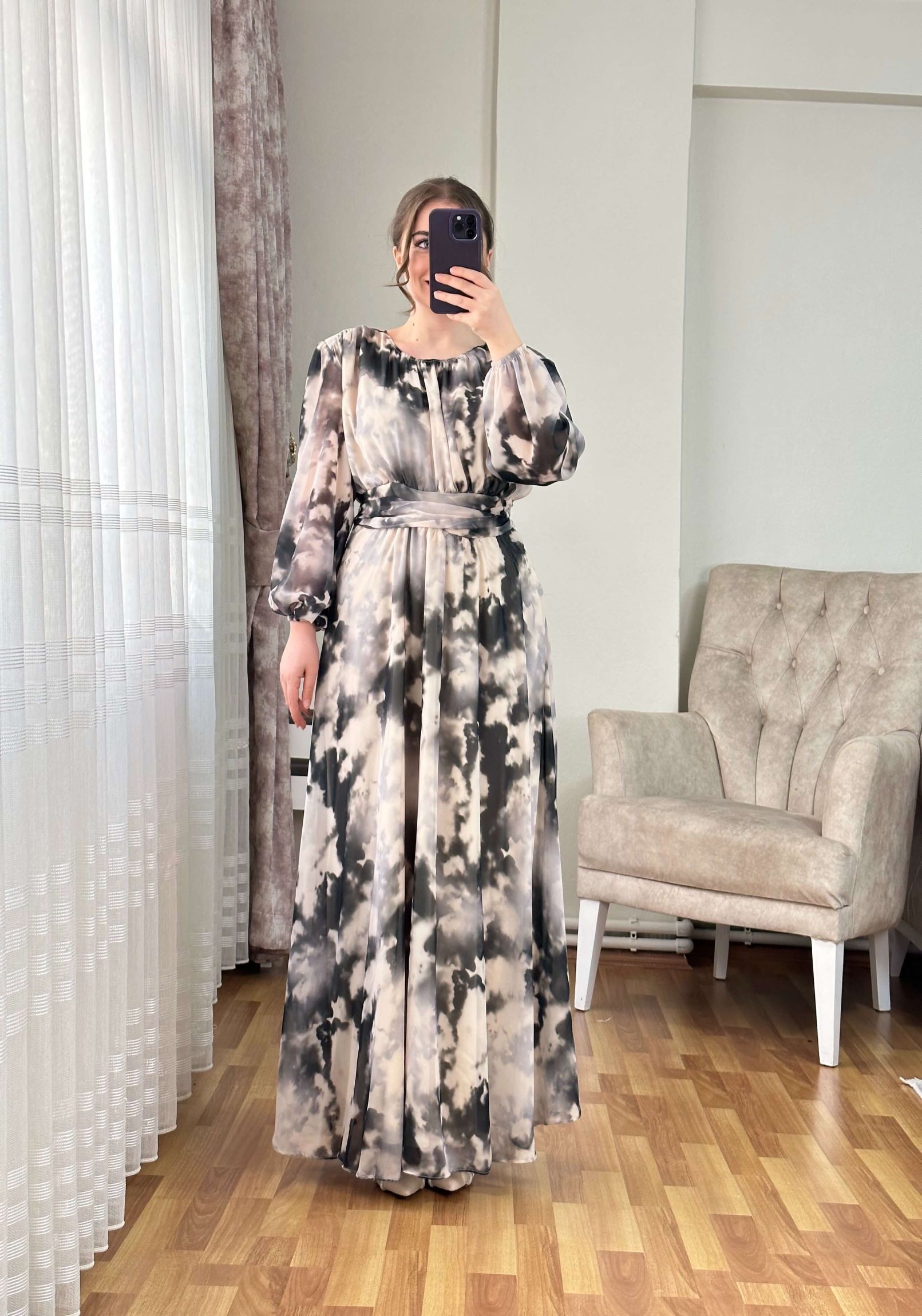 Kaesta Batik Desen Astarlı Şifon Elbise