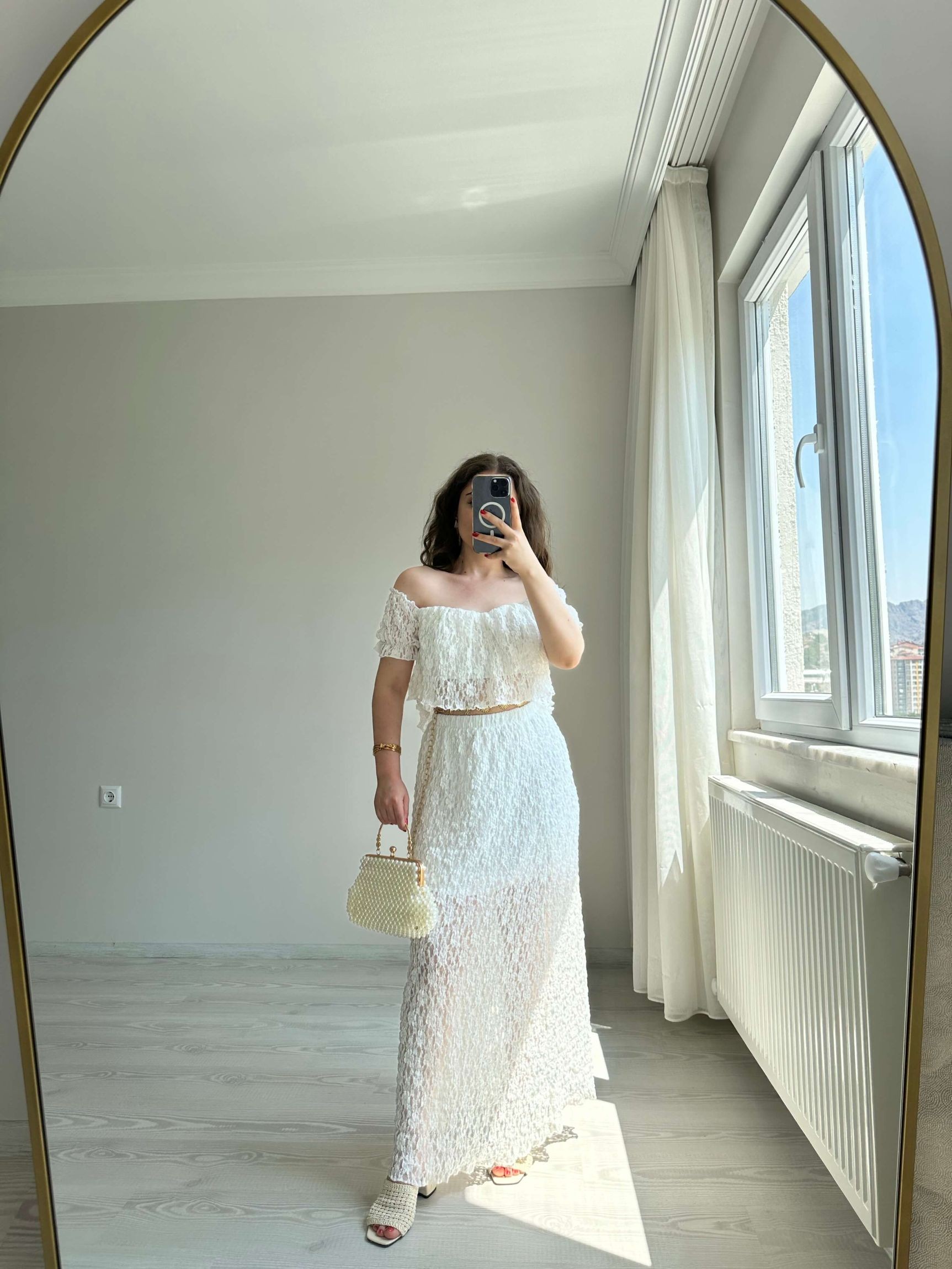 Dantelli Astarlı Crop Etek Takım - Beyaz