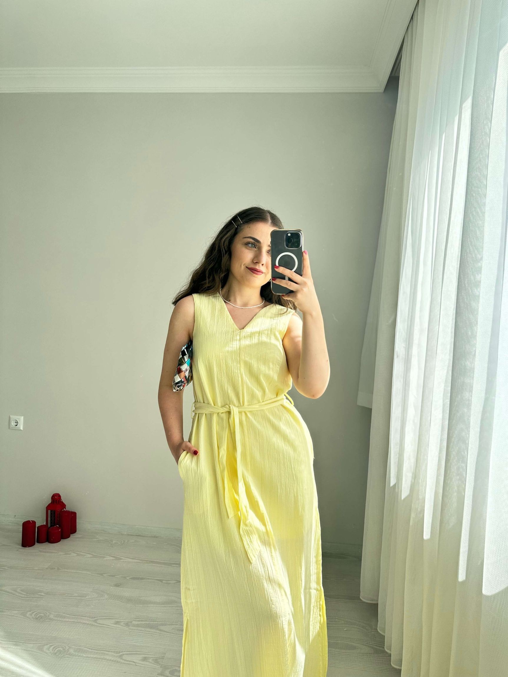 Yıkamalı Müslin Kuşaklı Elbise