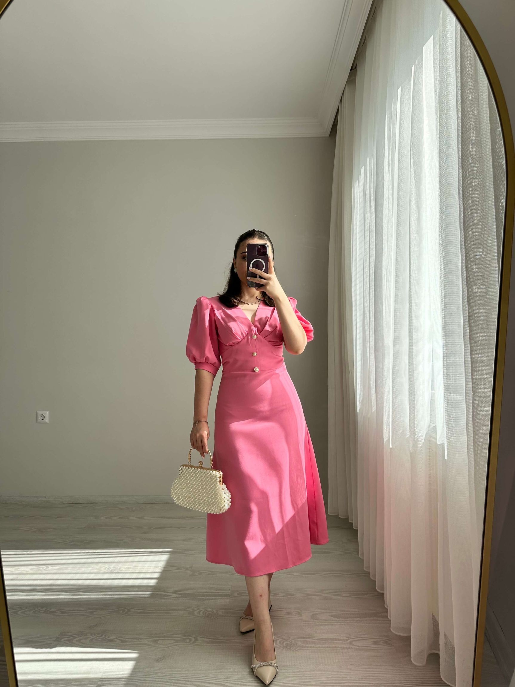 Balon Kol Önü Düğmeli Elbise - Pembe