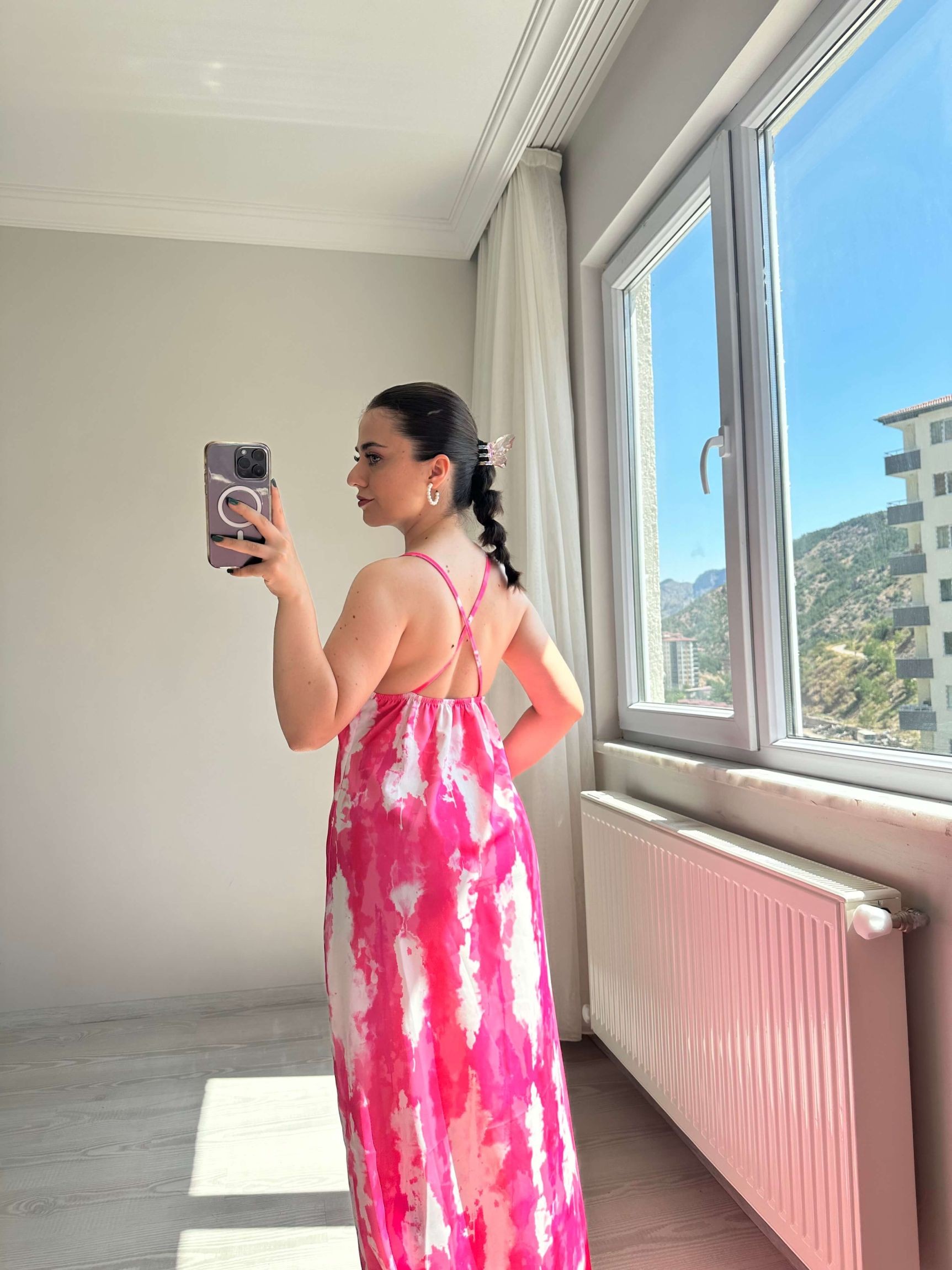 Çapraz Askılı Desenli Elbise