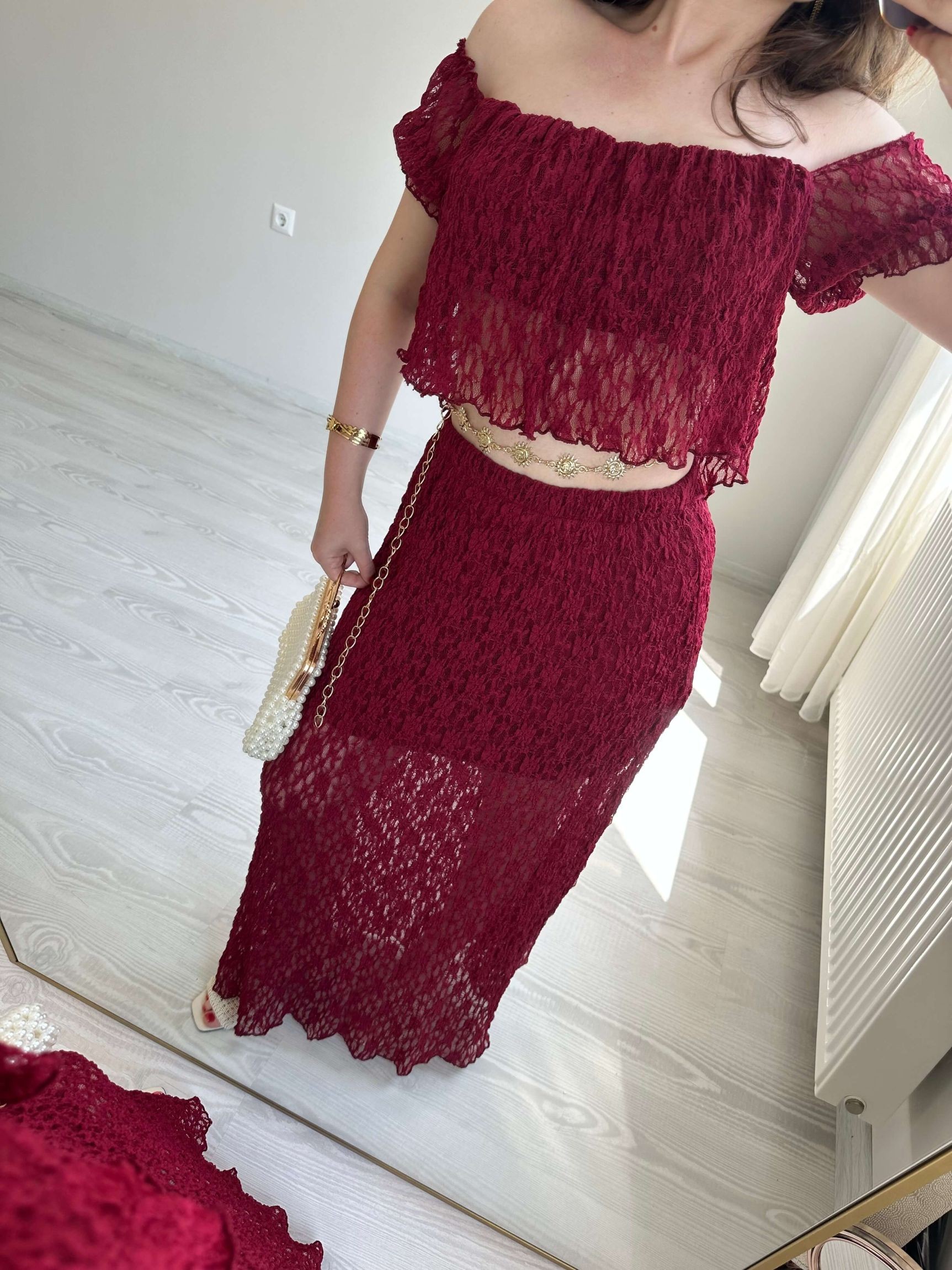 Dantelli Astarlı Crop Etek Takım