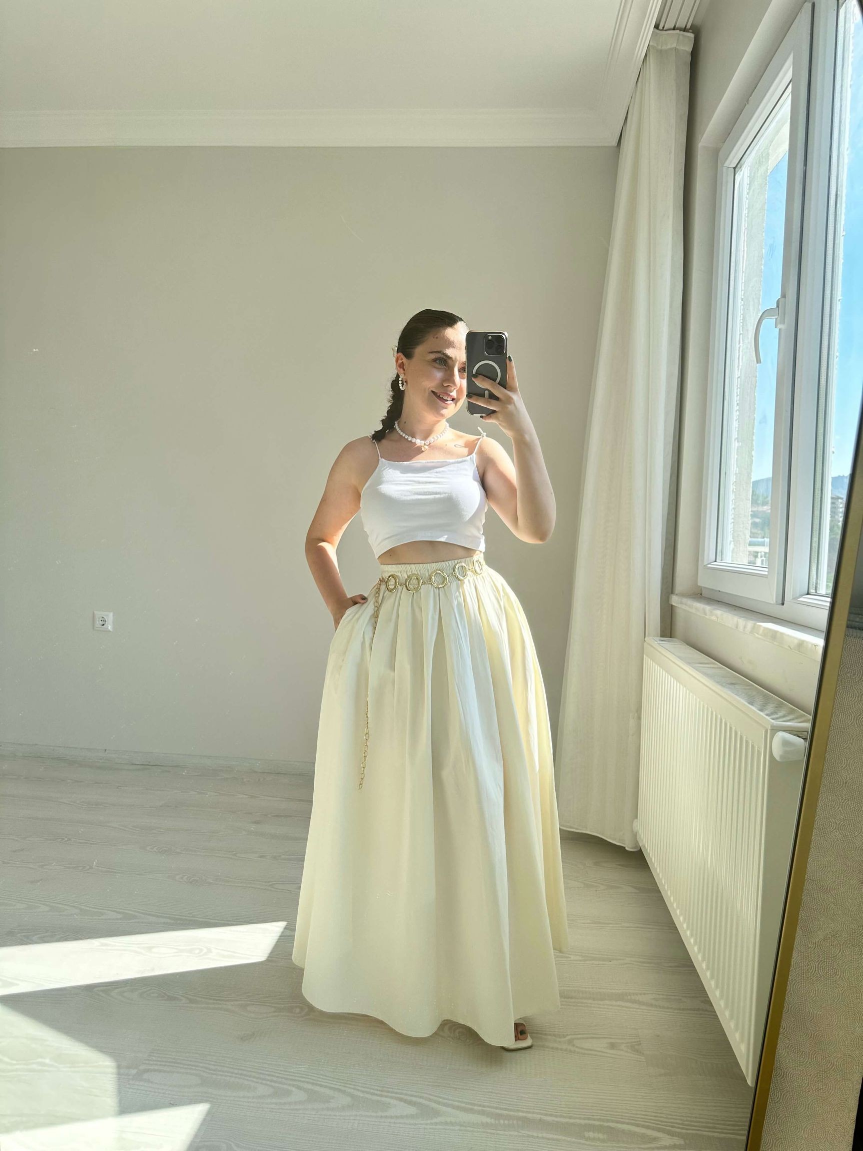 Poplin Kumaş Kabarık Etek - Bej
