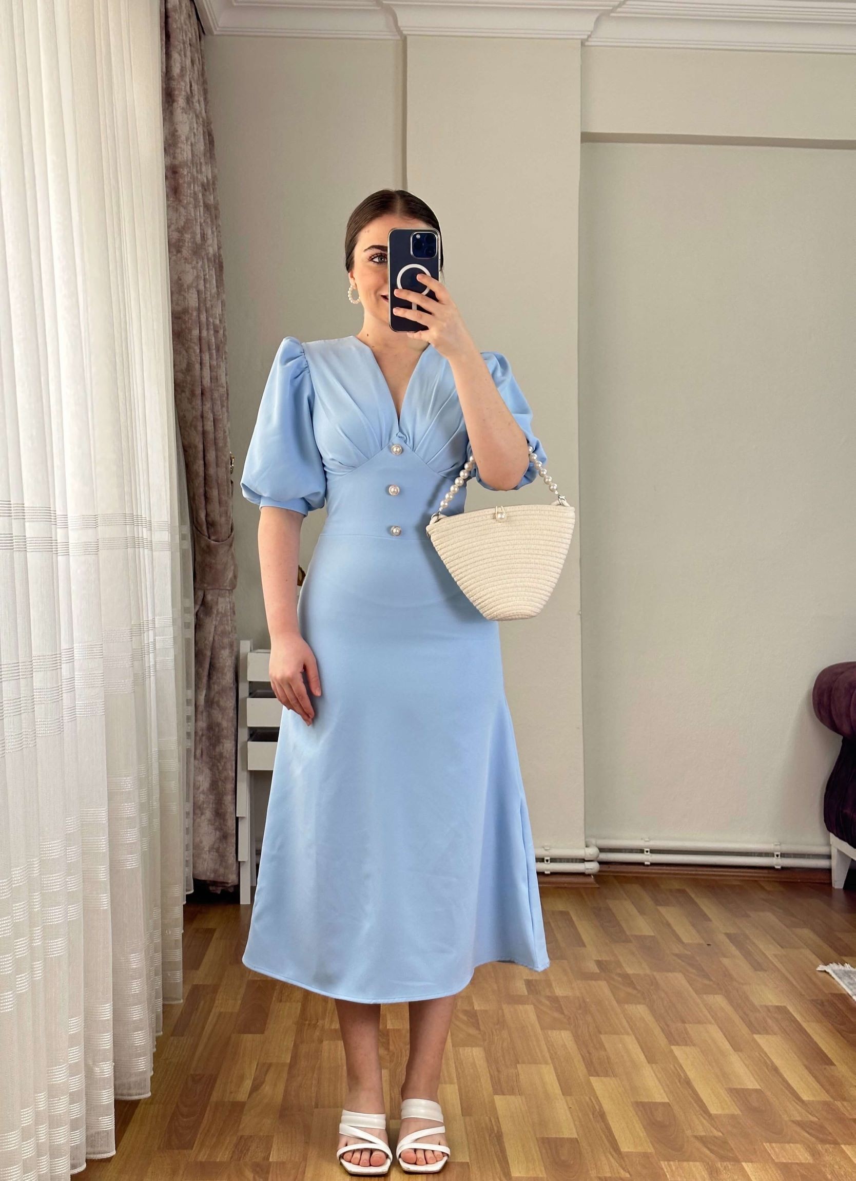 Kaesta  Balon  Kol Önü Düğme Detay Midi Elbise - Bebe Mavisi