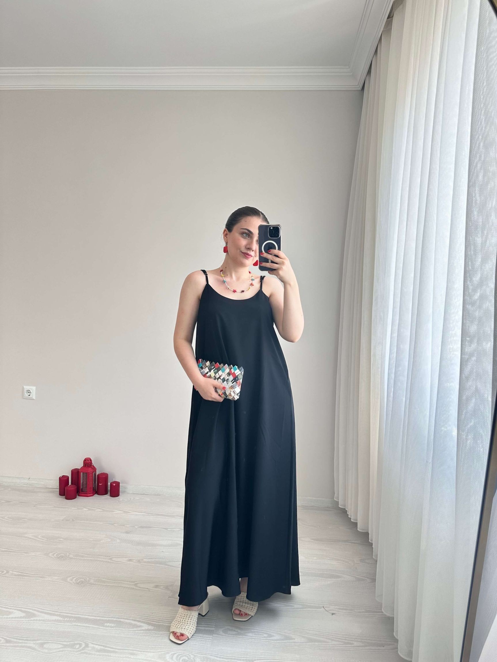 Tensel Kumaş Askılı Elbise - Siyah
