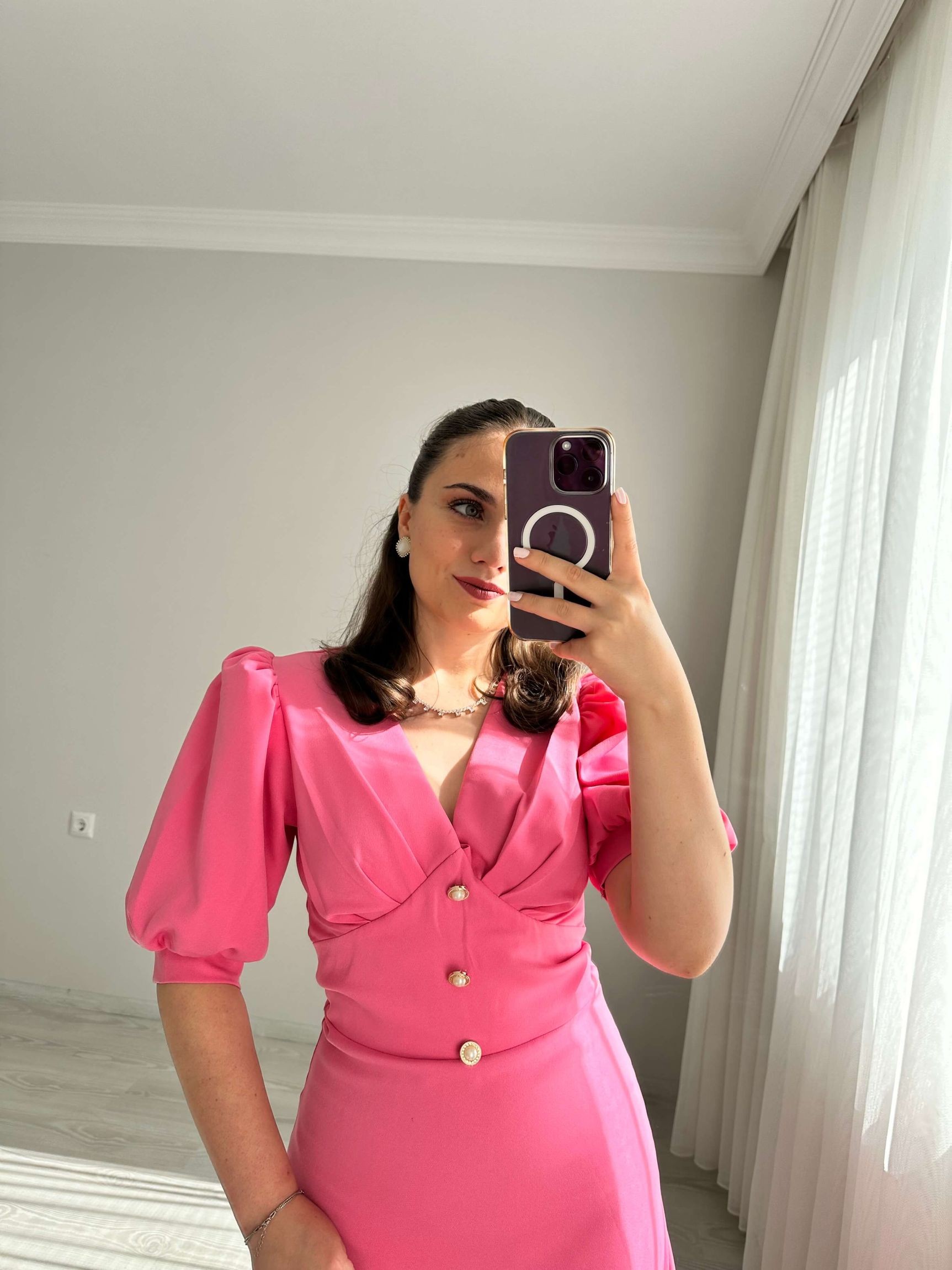 Balon Kol Önü Düğmeli Elbise