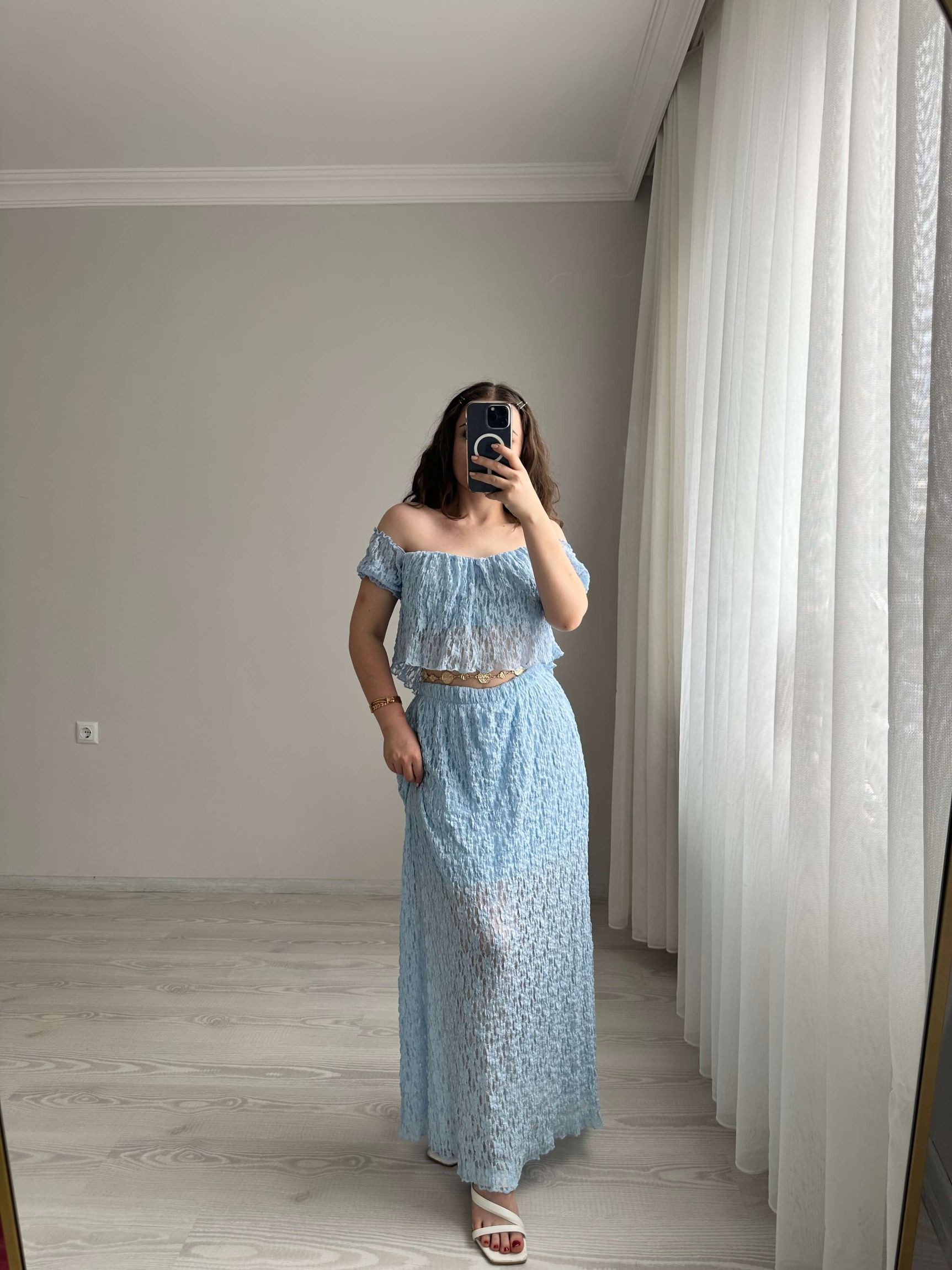Dantelli Astarlı Crop Etek Takım - Bebe Mavisi
