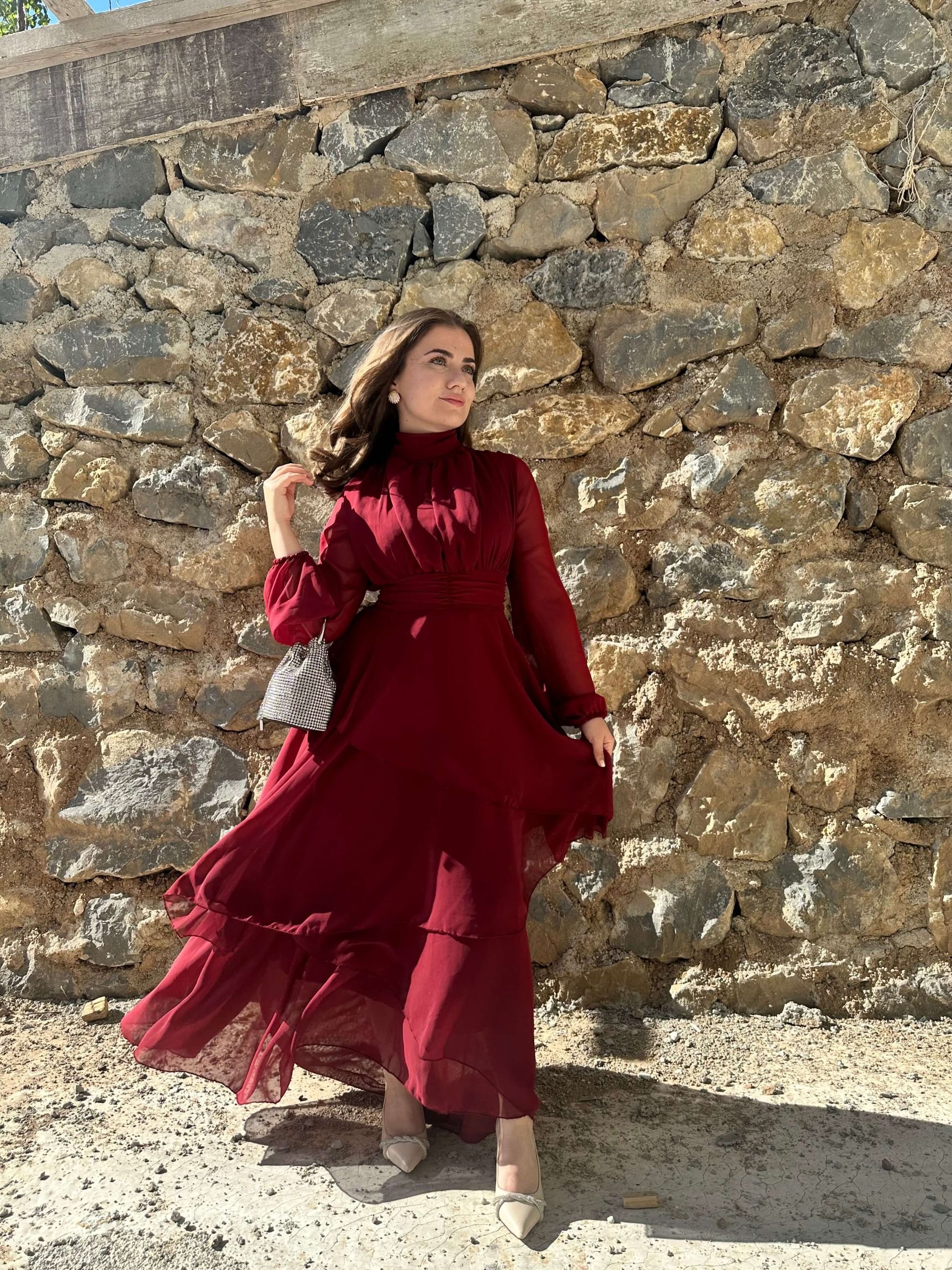 Eteği Kat Kat Şifon Elbise - Bordo