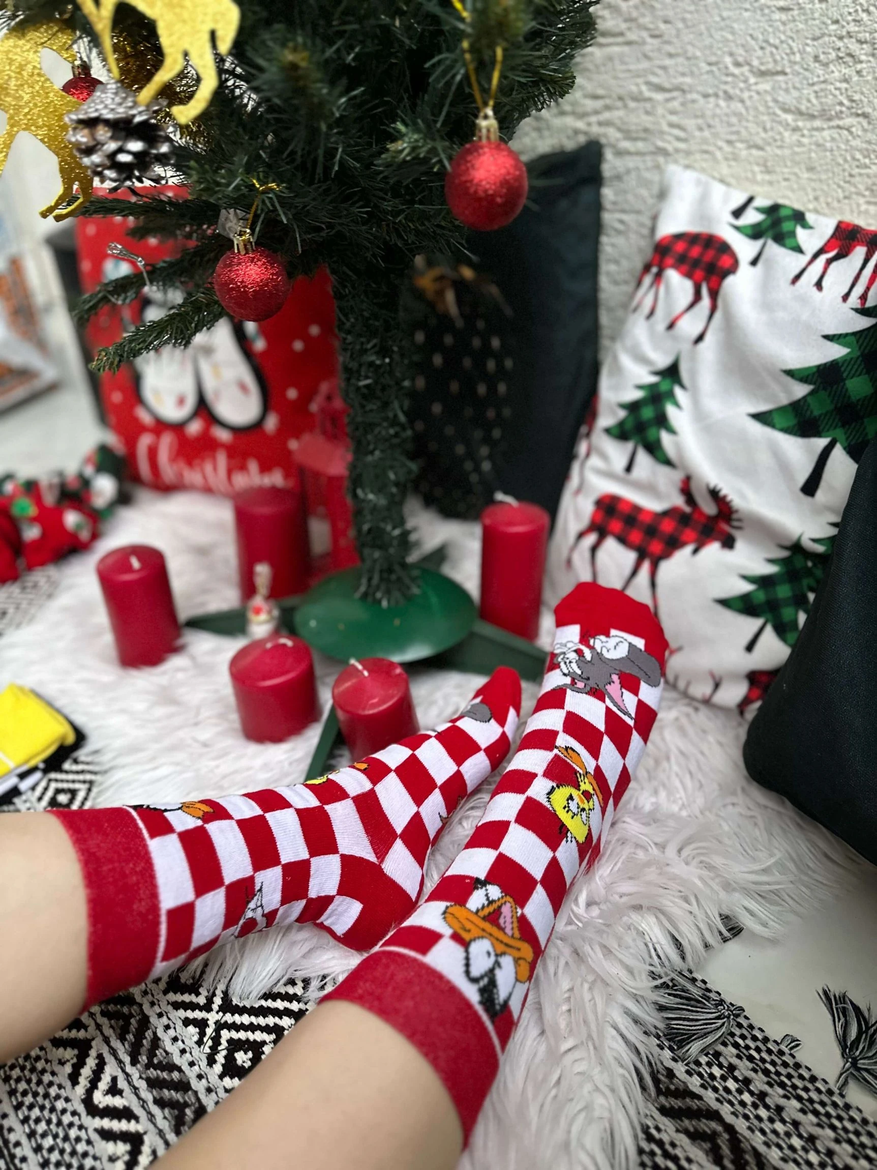 Kırmızı Kareli Çizgi Karakter Çorabı