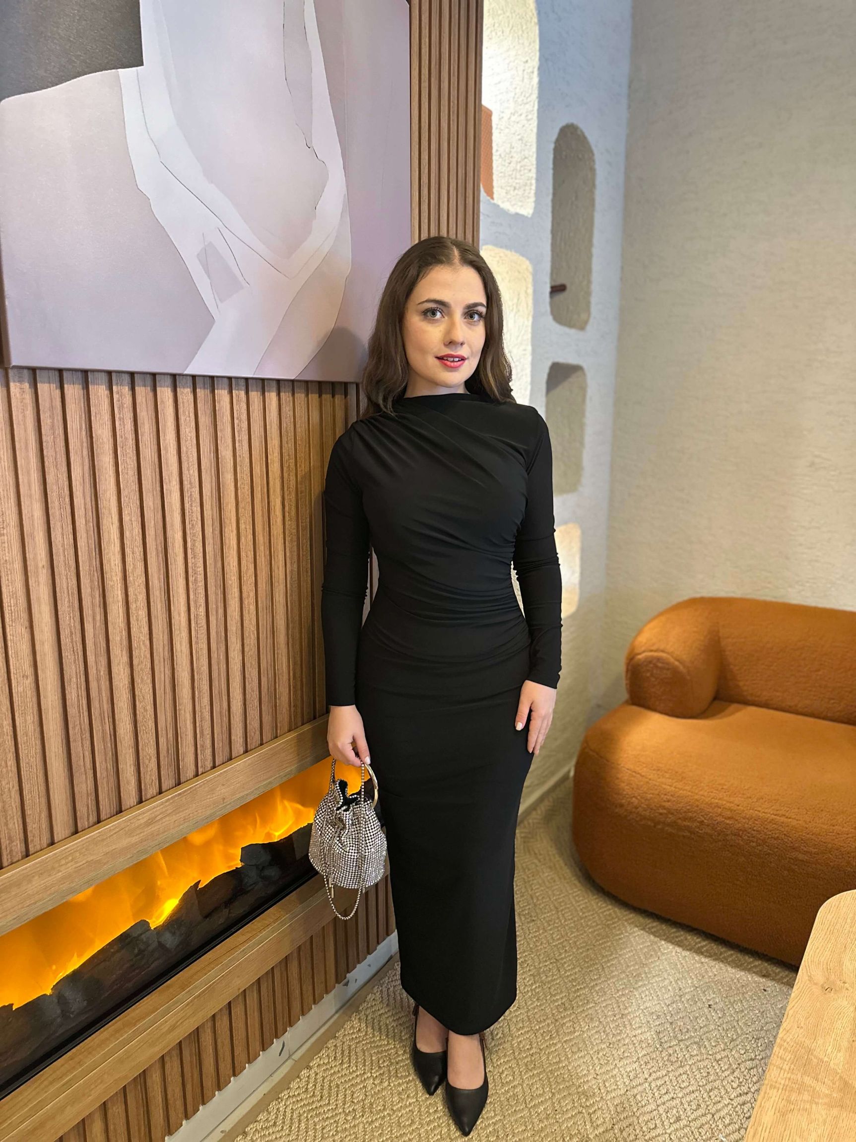 Sandy Drapeli Elbise - Siyah