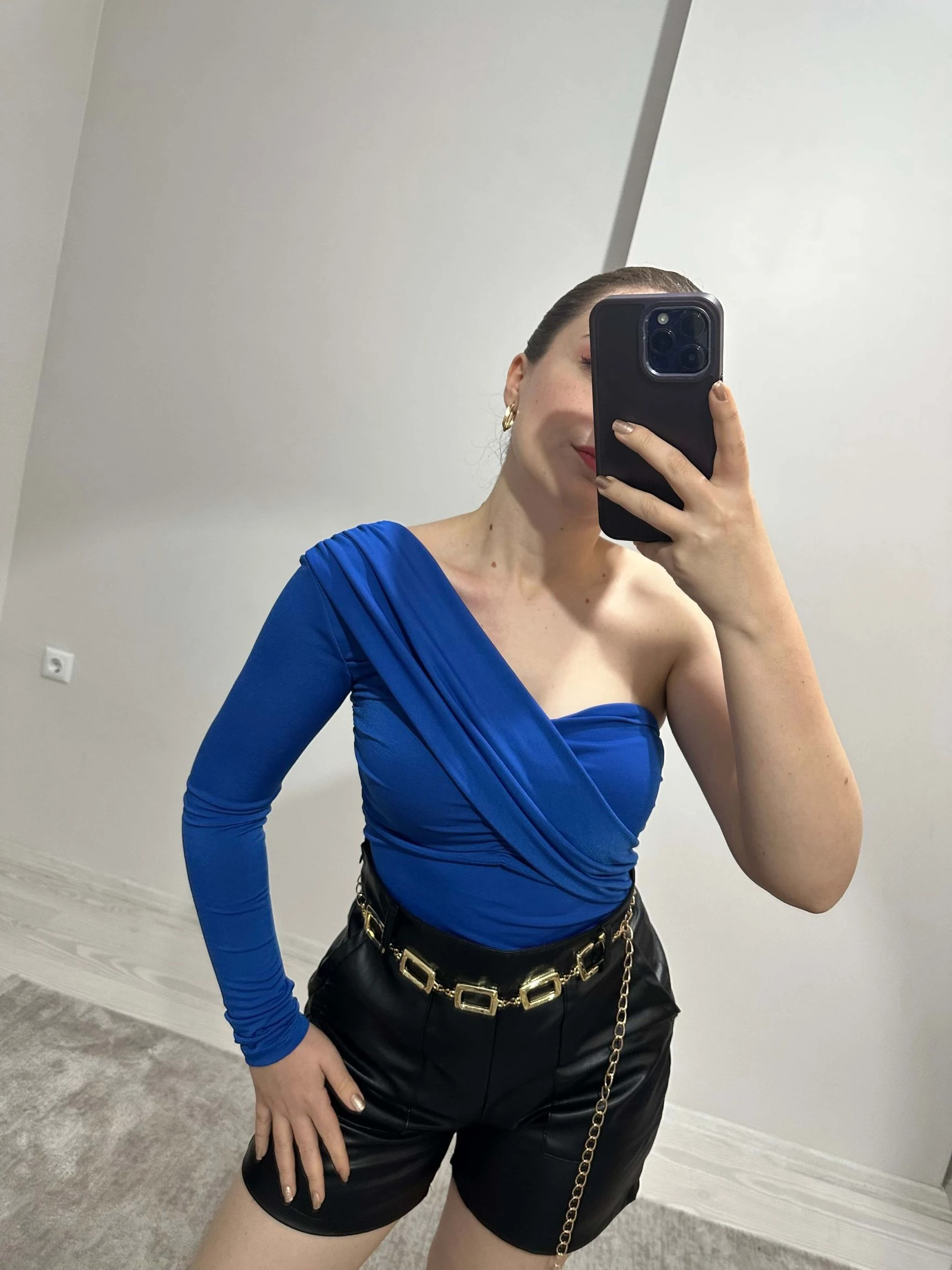 Tek Omuz Crop Bluz - Saks Mavi