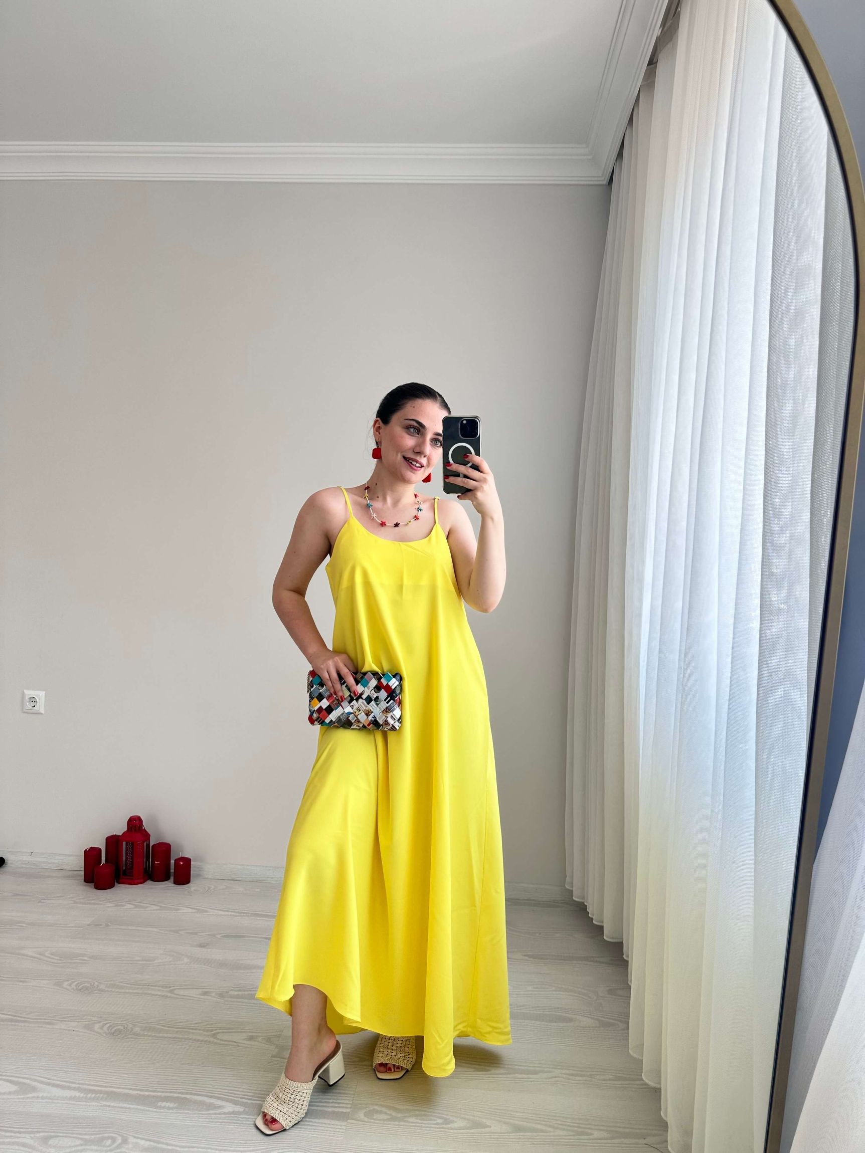 Tensel Kumaş Askılı Elbise - Sarı