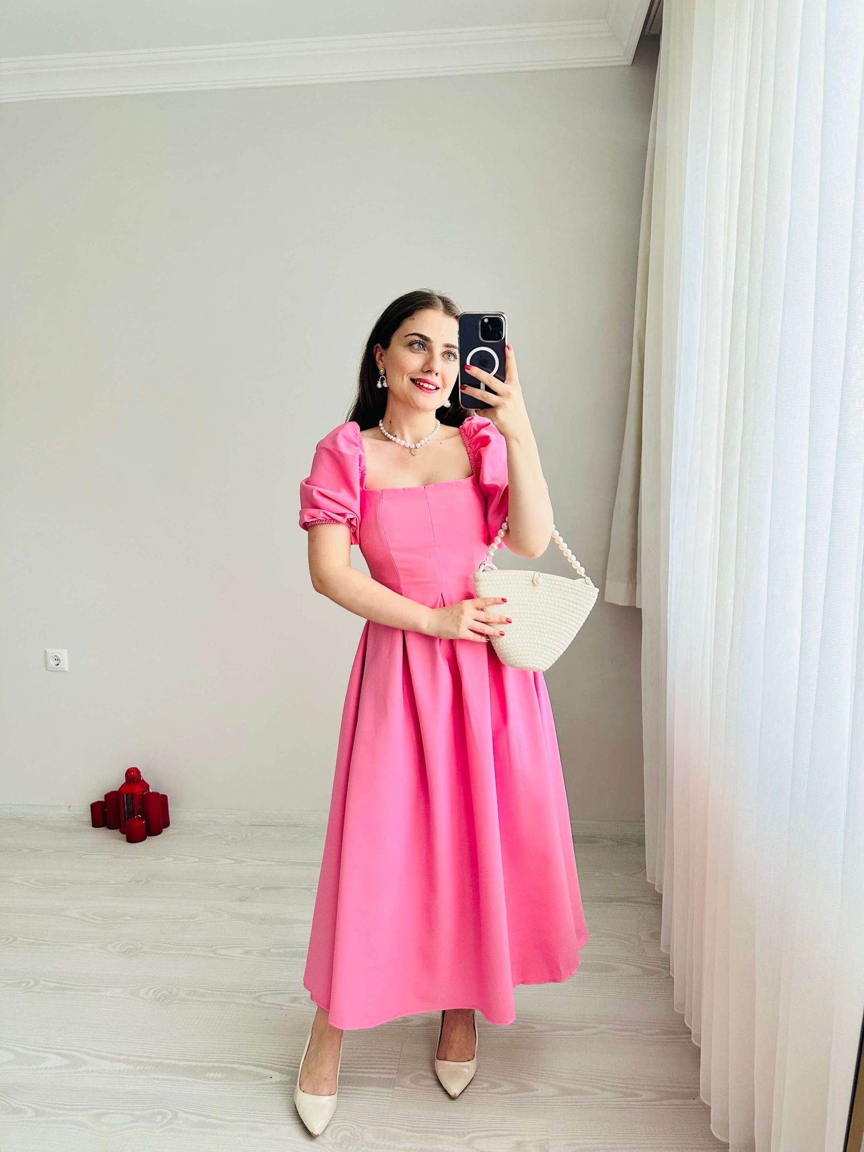 Kare Yaka Balon Kol Elbise - Pembe