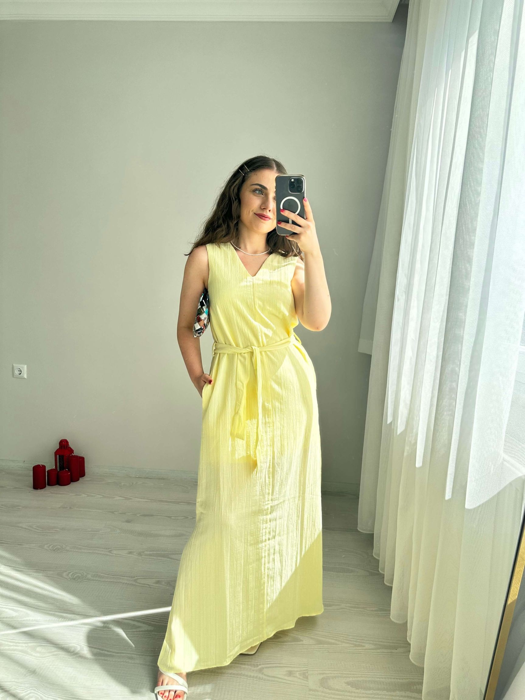 Yıkamalı Müslin Kuşaklı Elbise - Sarı