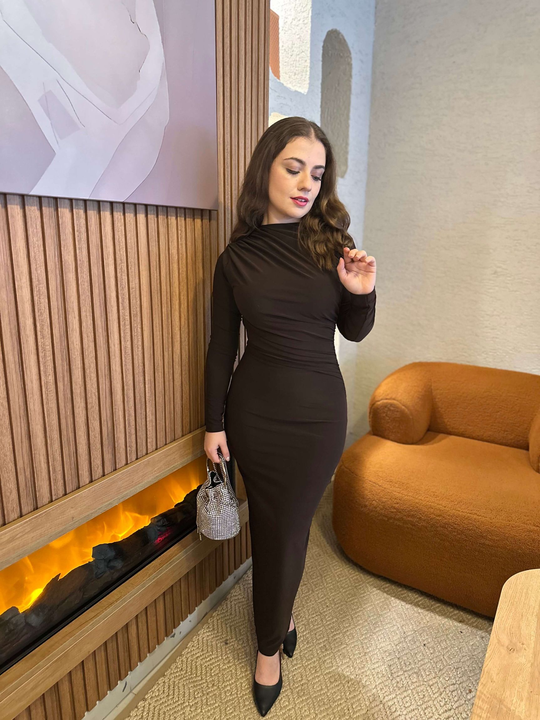 Sandy Drapeli Elbise - Kahverengi