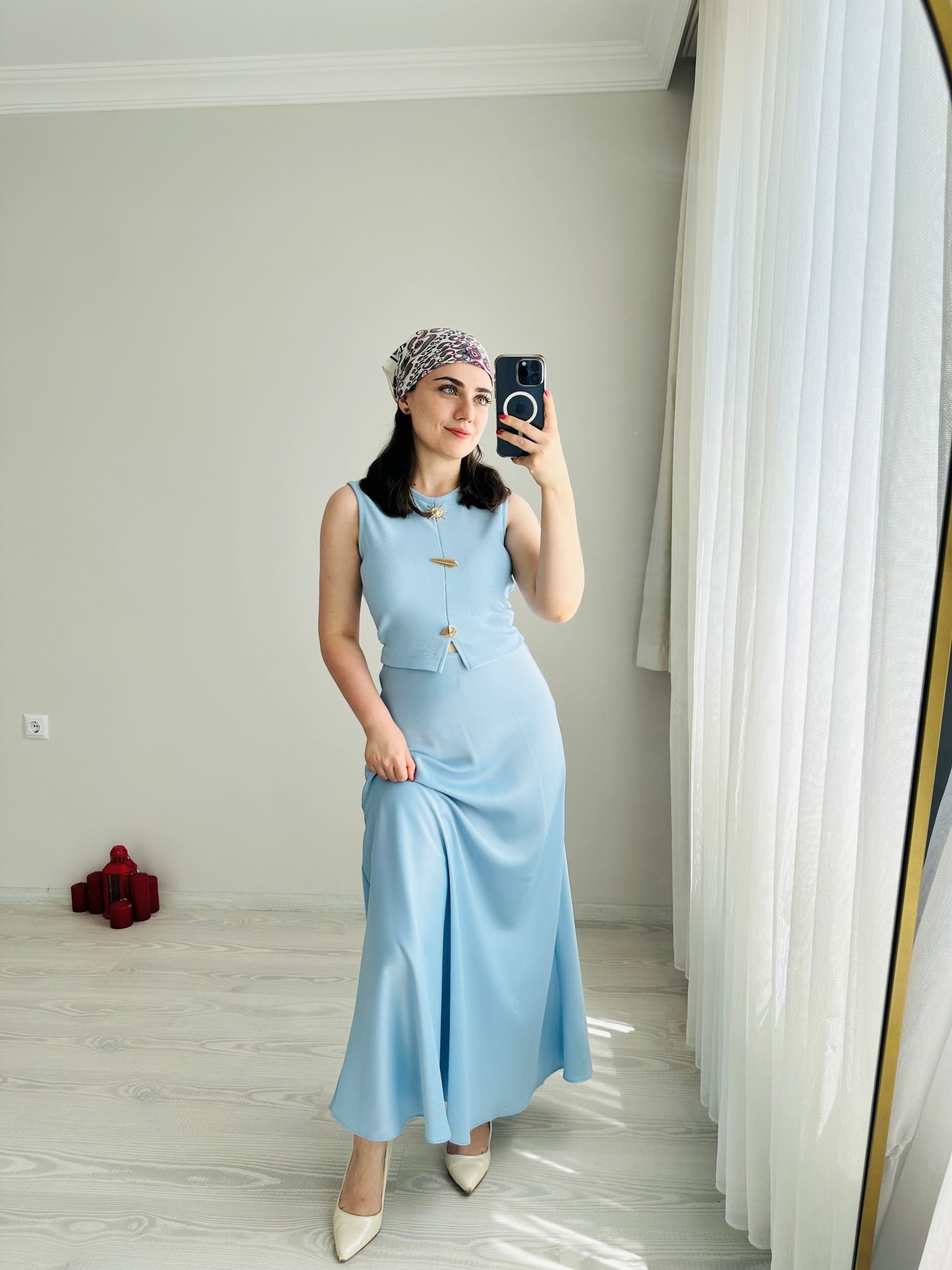 Premium Kalite Saten Etek - Mavi