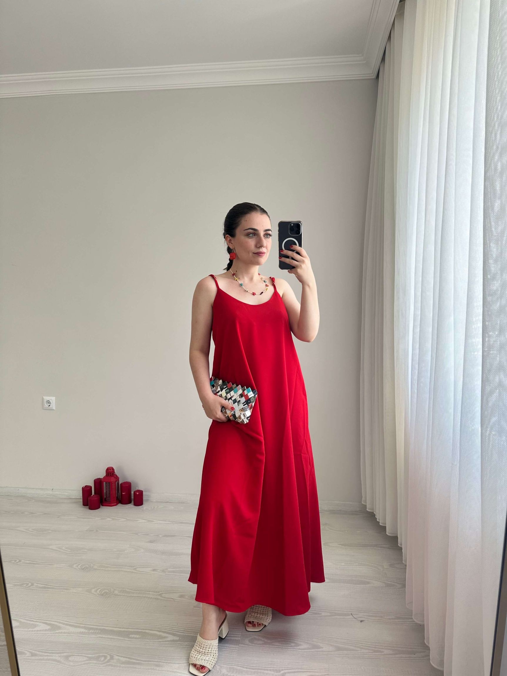 Tensel Kumaş Askılı Elbise - Kırmızı