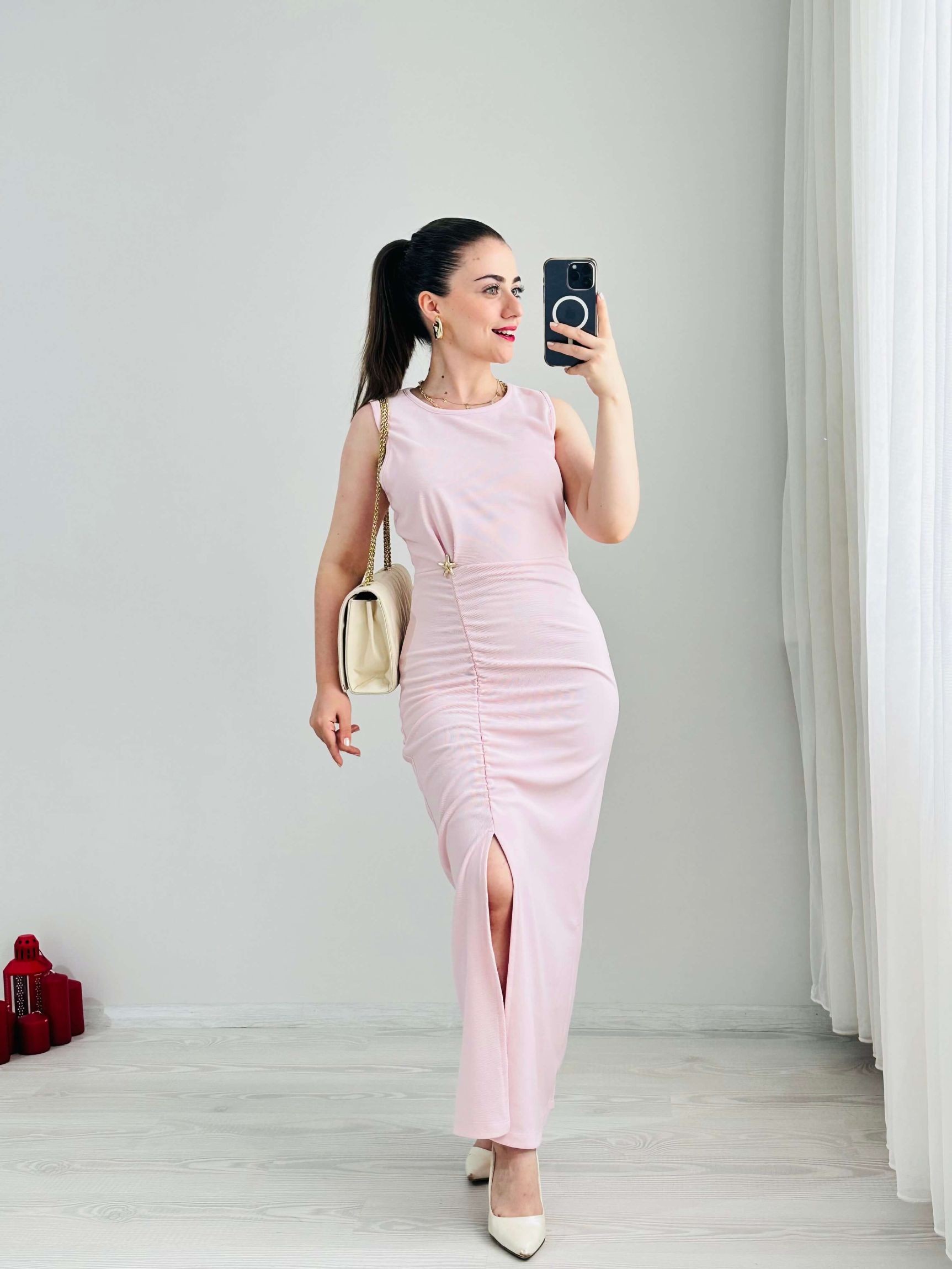 Ottoman Likralı Yıldız Detaylı Elbise - Pembe