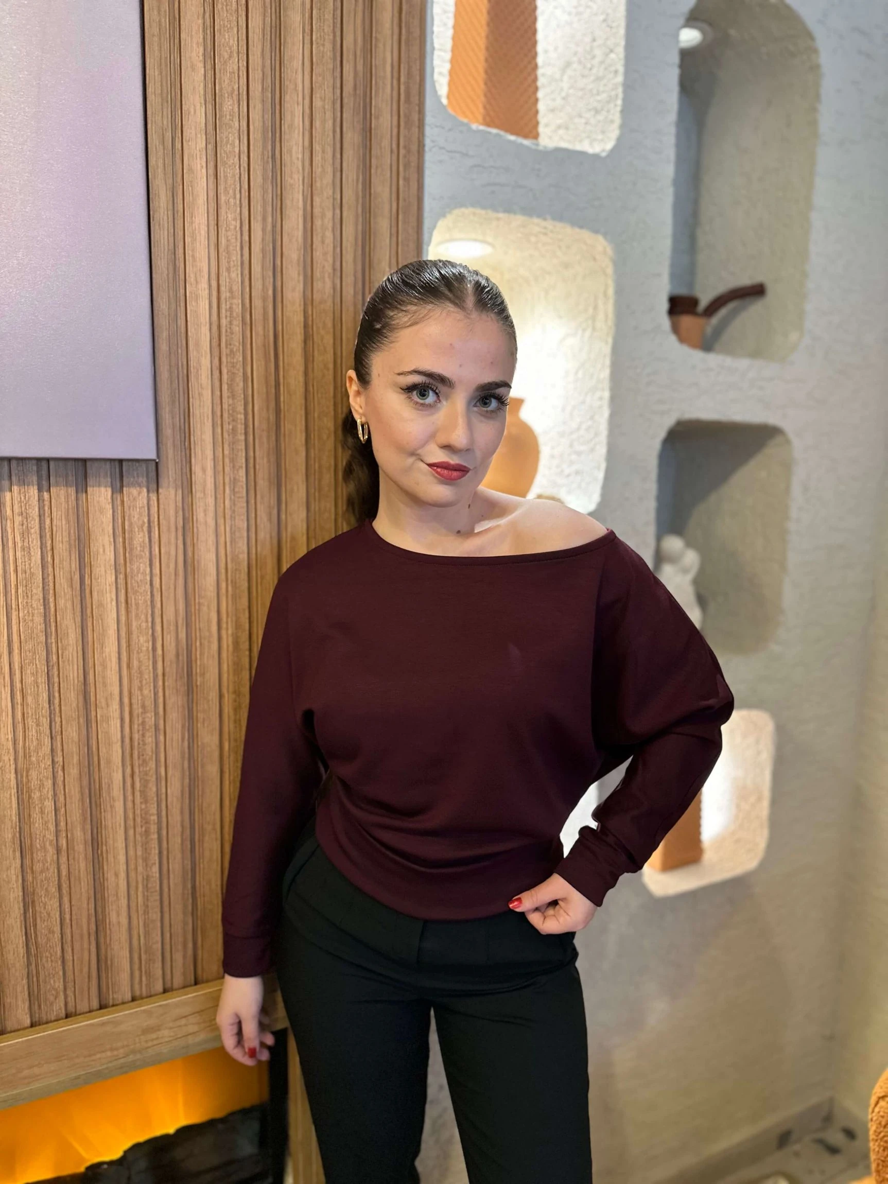 OYS Etiketli Yarasa Kol Kayık Yaka Bluz - Bordo