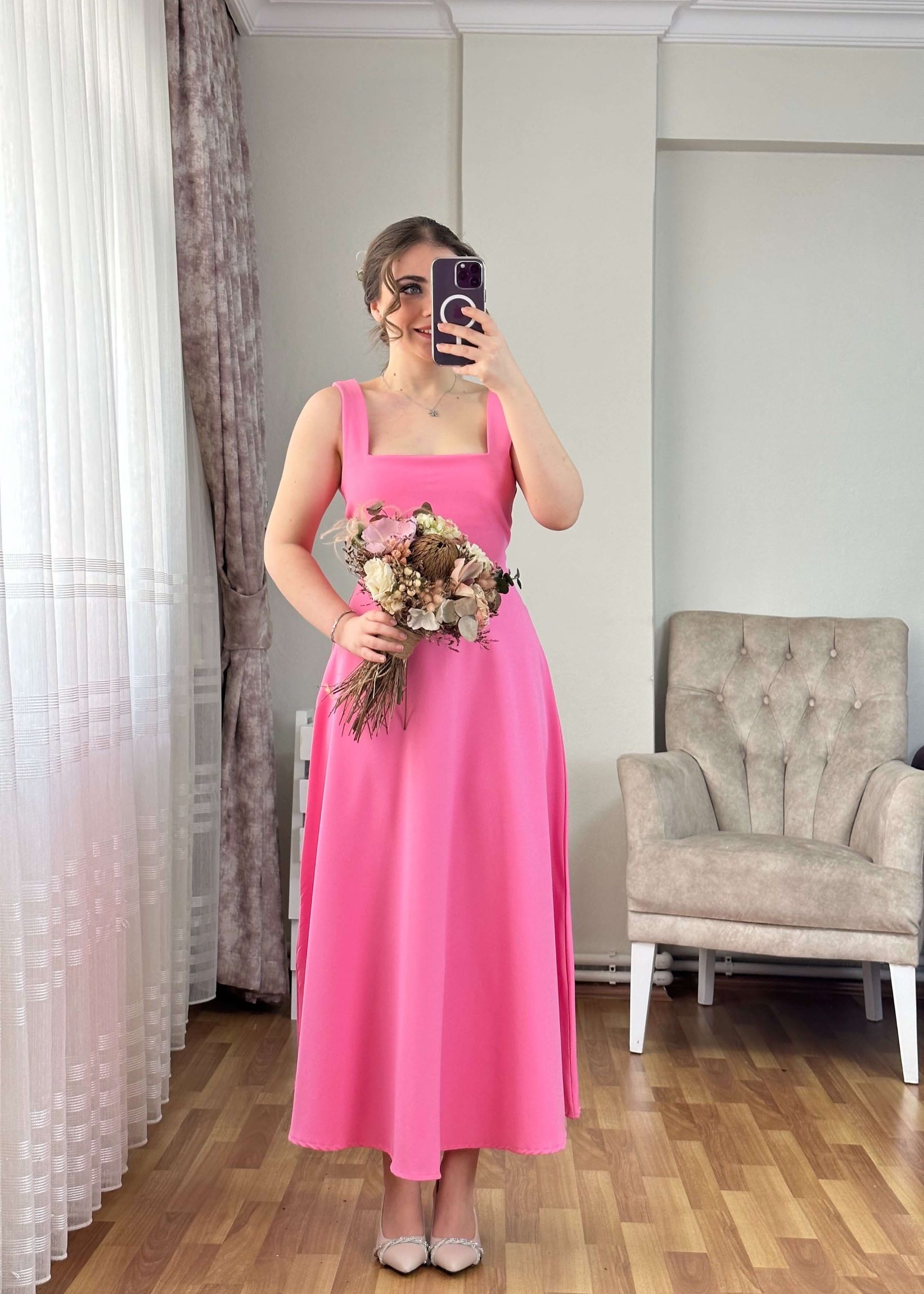 Kaesta Kalın Askılı Kare Yaka Jesica Elbise - Pembe