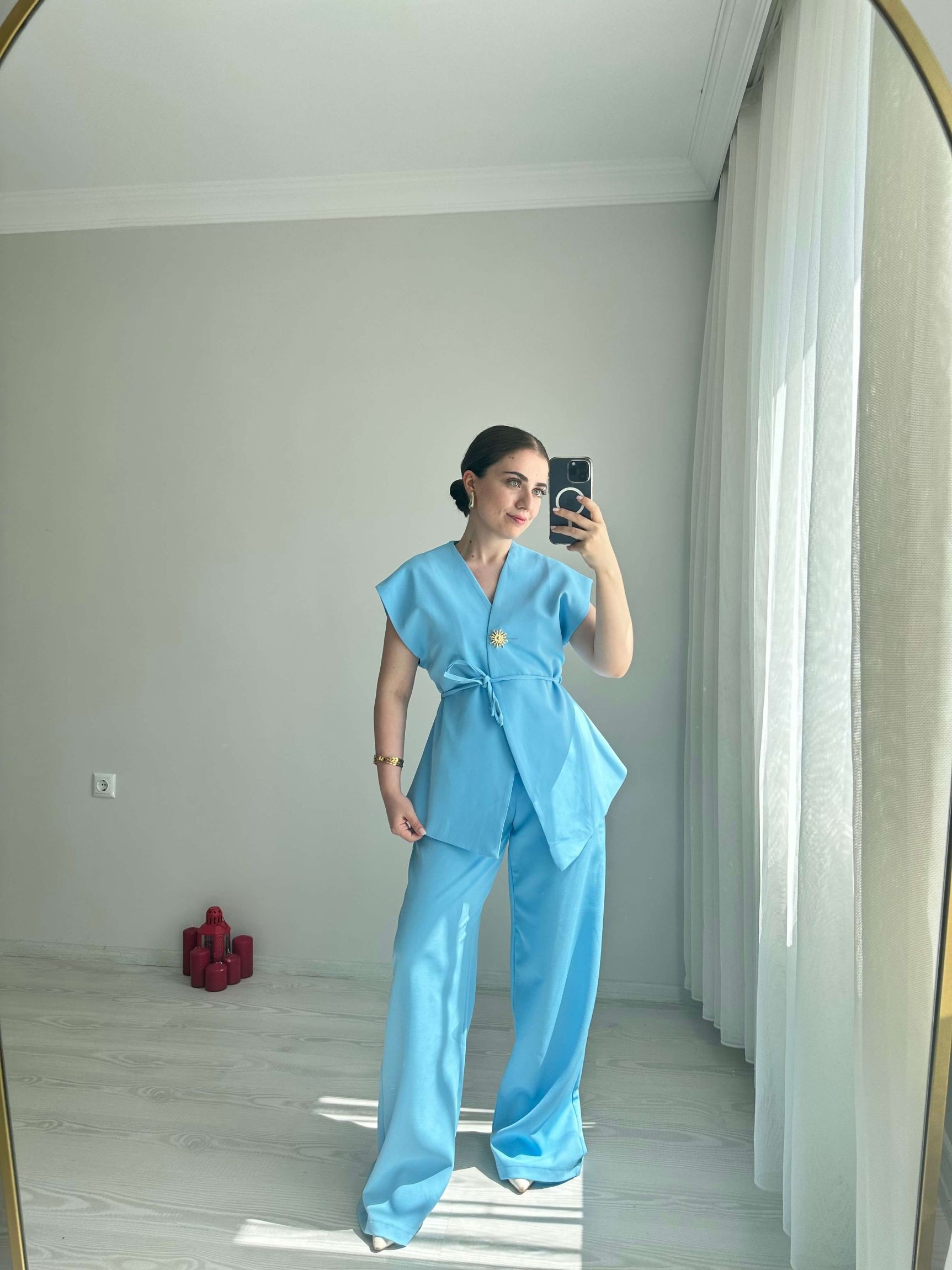 Güneş Düğmeli Yelek Pantolon Takım - Mavi