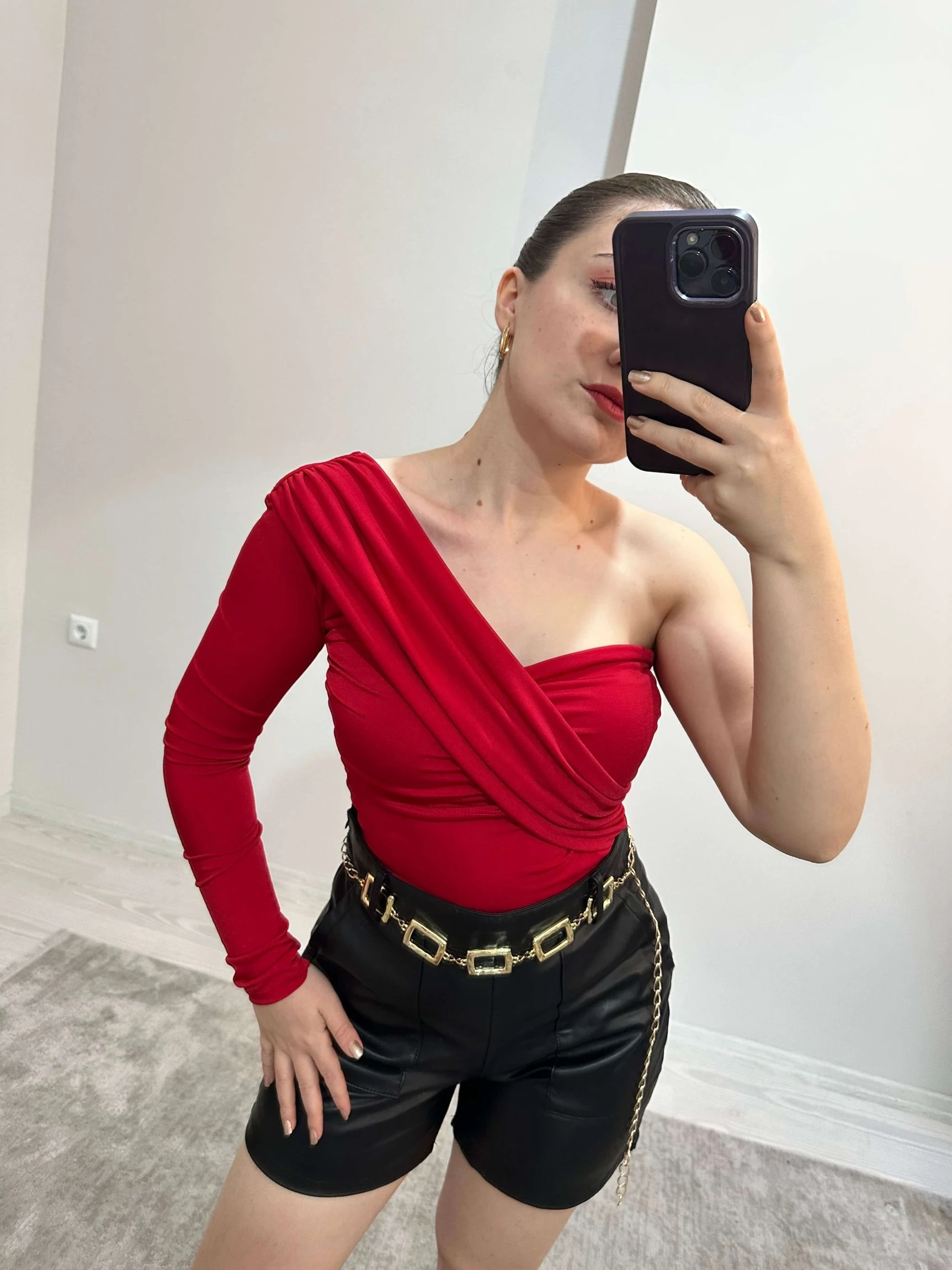 Tek Omuz Crop Bluz - Kırmızı