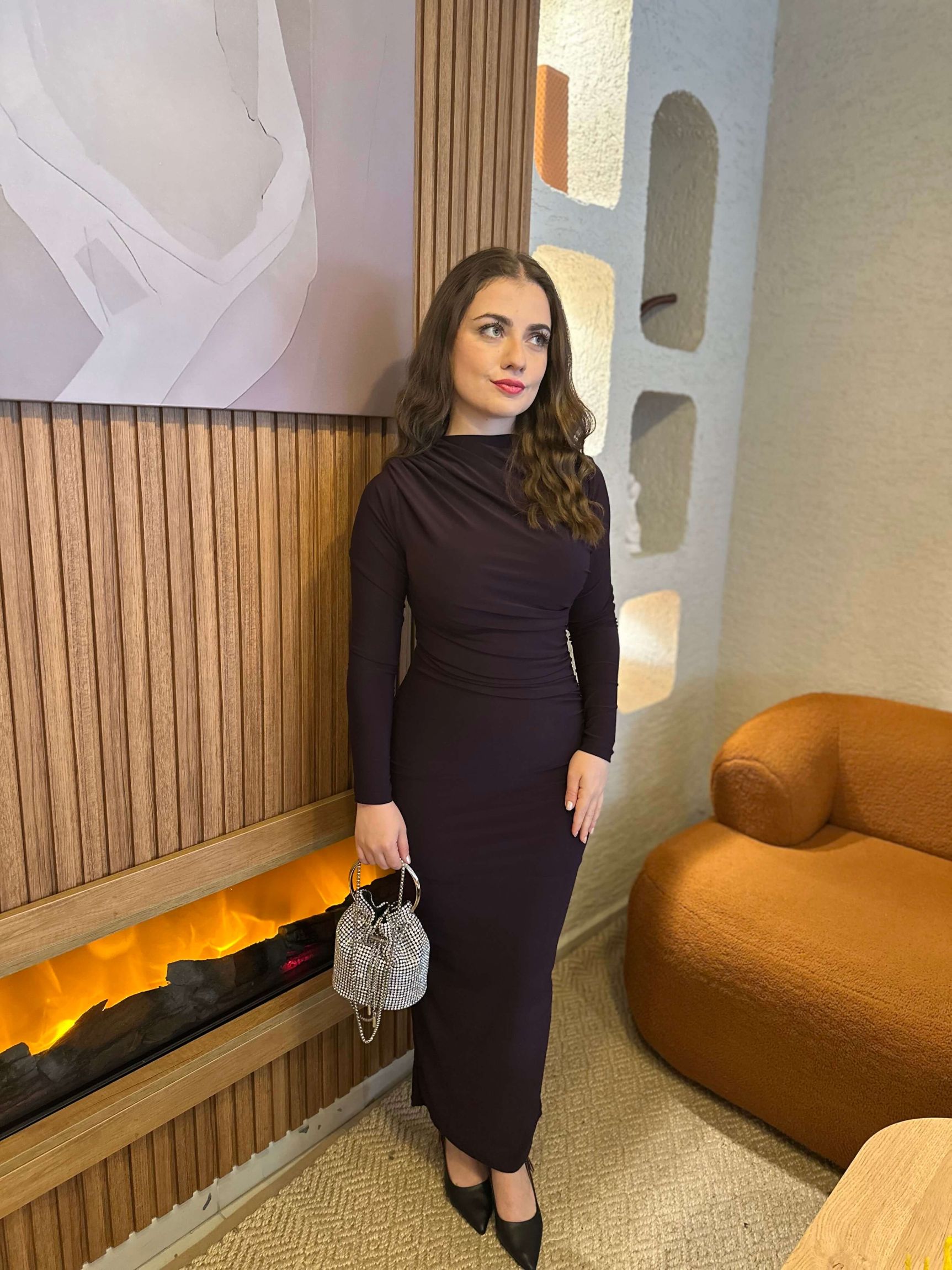 Sandy Drapeli Elbise - Mürdüm