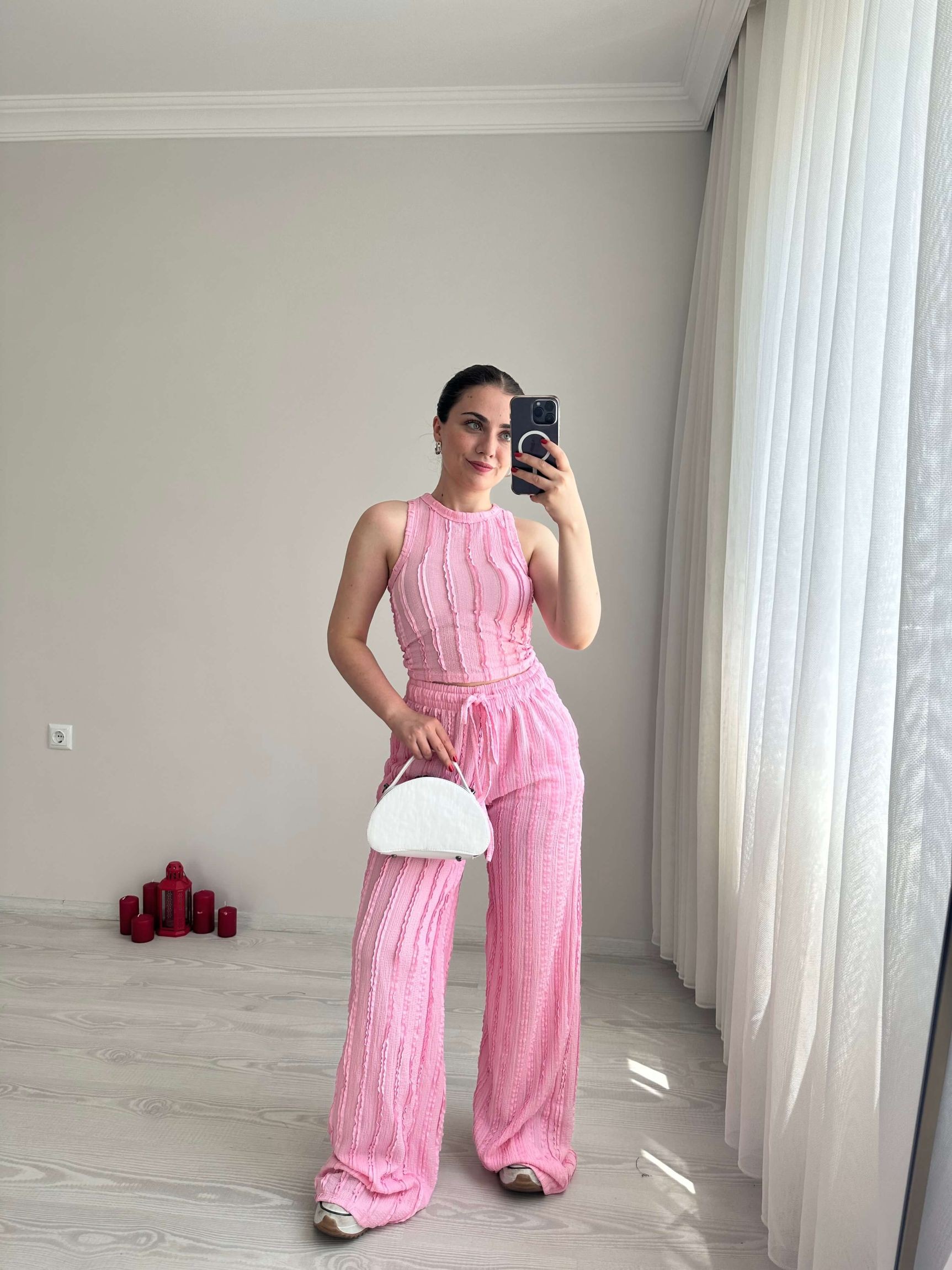 Püsküllü Raşel Kumaş Tasarım İkili Takım - Pembe