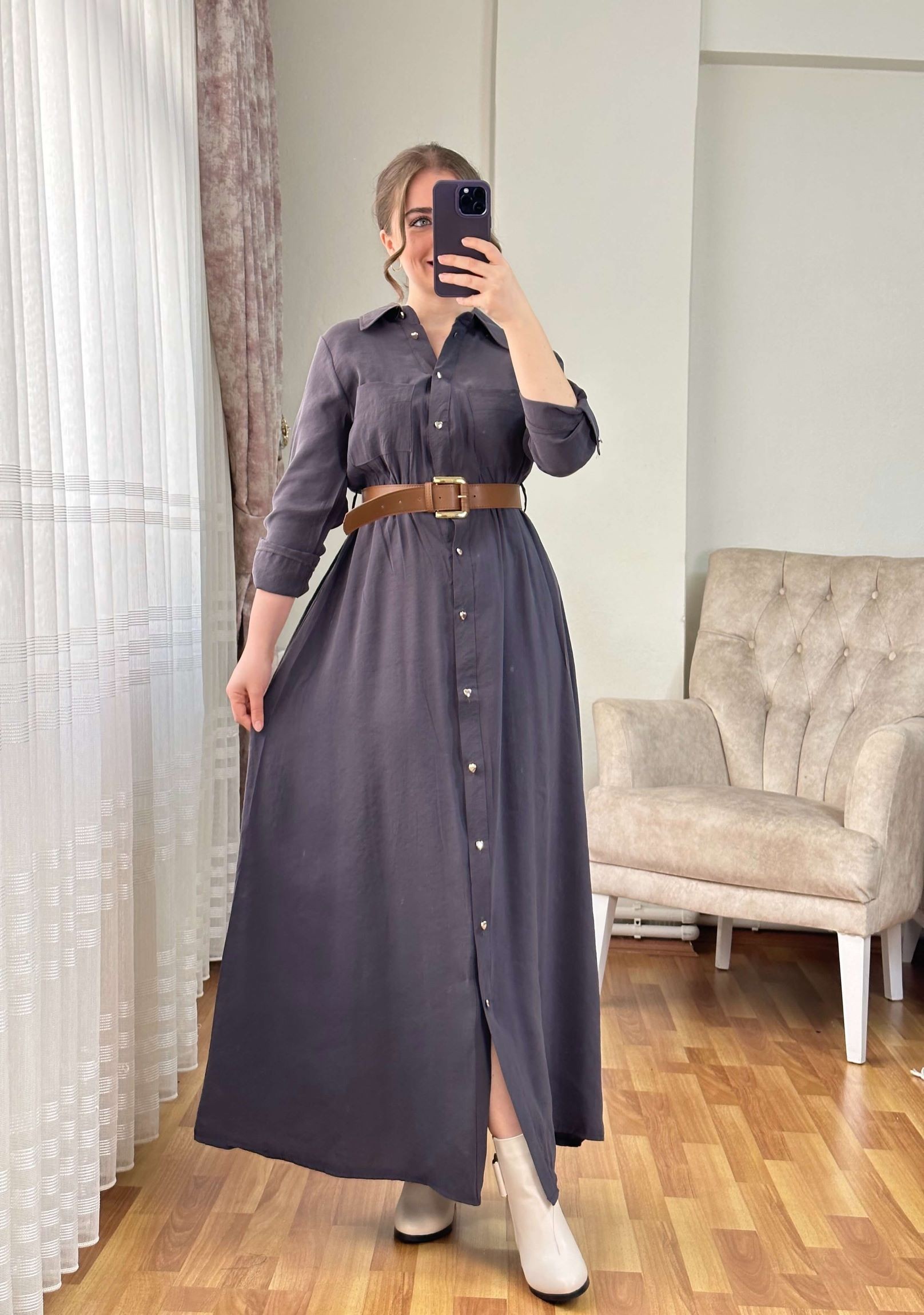 Kaesta Modal Kumaş Kemerli Gömlek Elbise