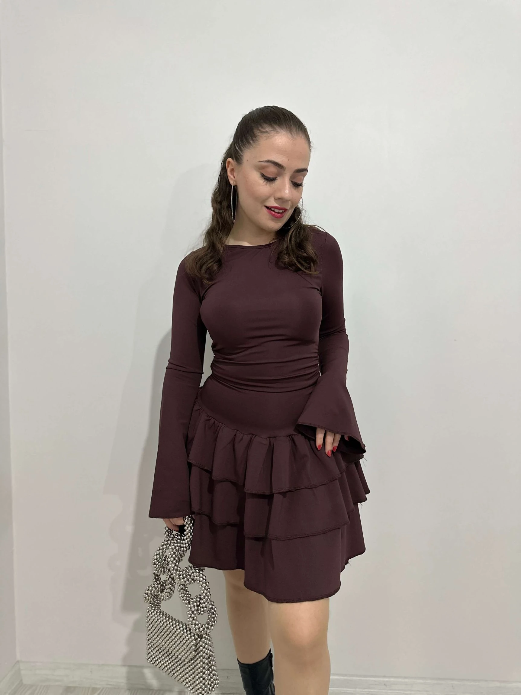 Eteği Kat Kat Kısa Elbise - Kahverengi