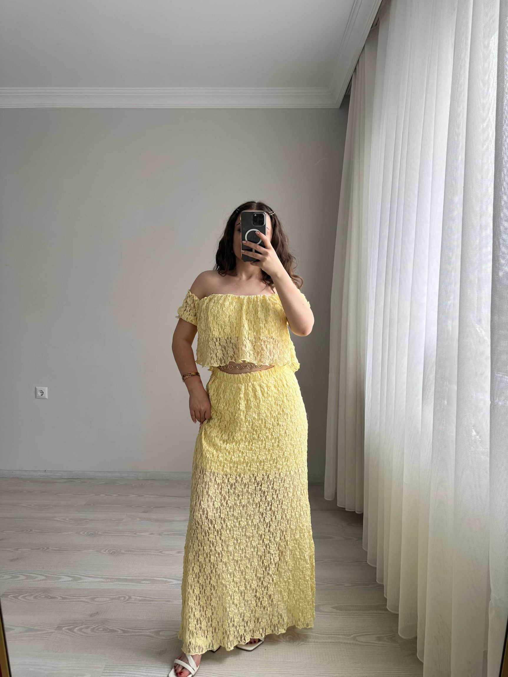Dantelli Astarlı Crop Etek Takım - Sarı