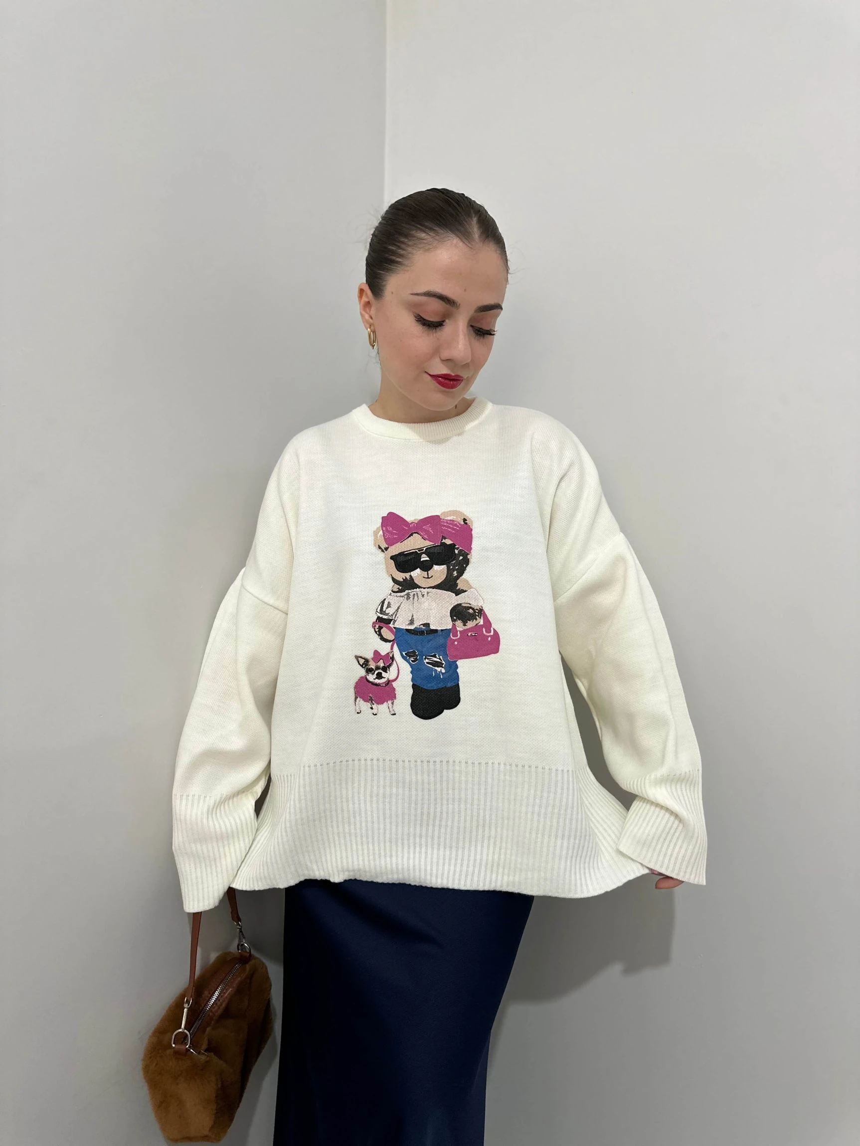 Ayıcık Baskılı Triko Kazak