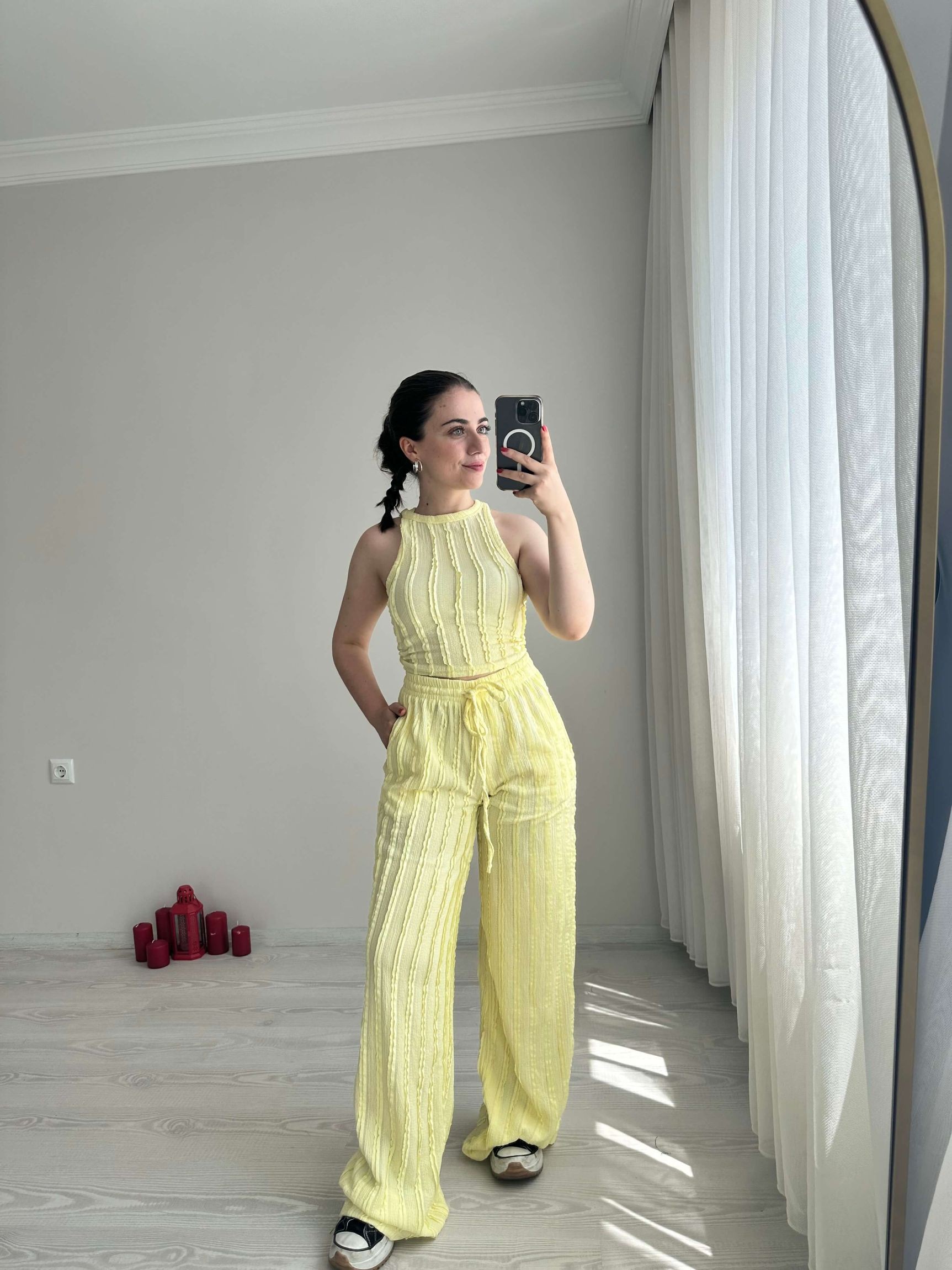 Püsküllü Raşel Kumaş Tasarım İkili Takım - Sarı