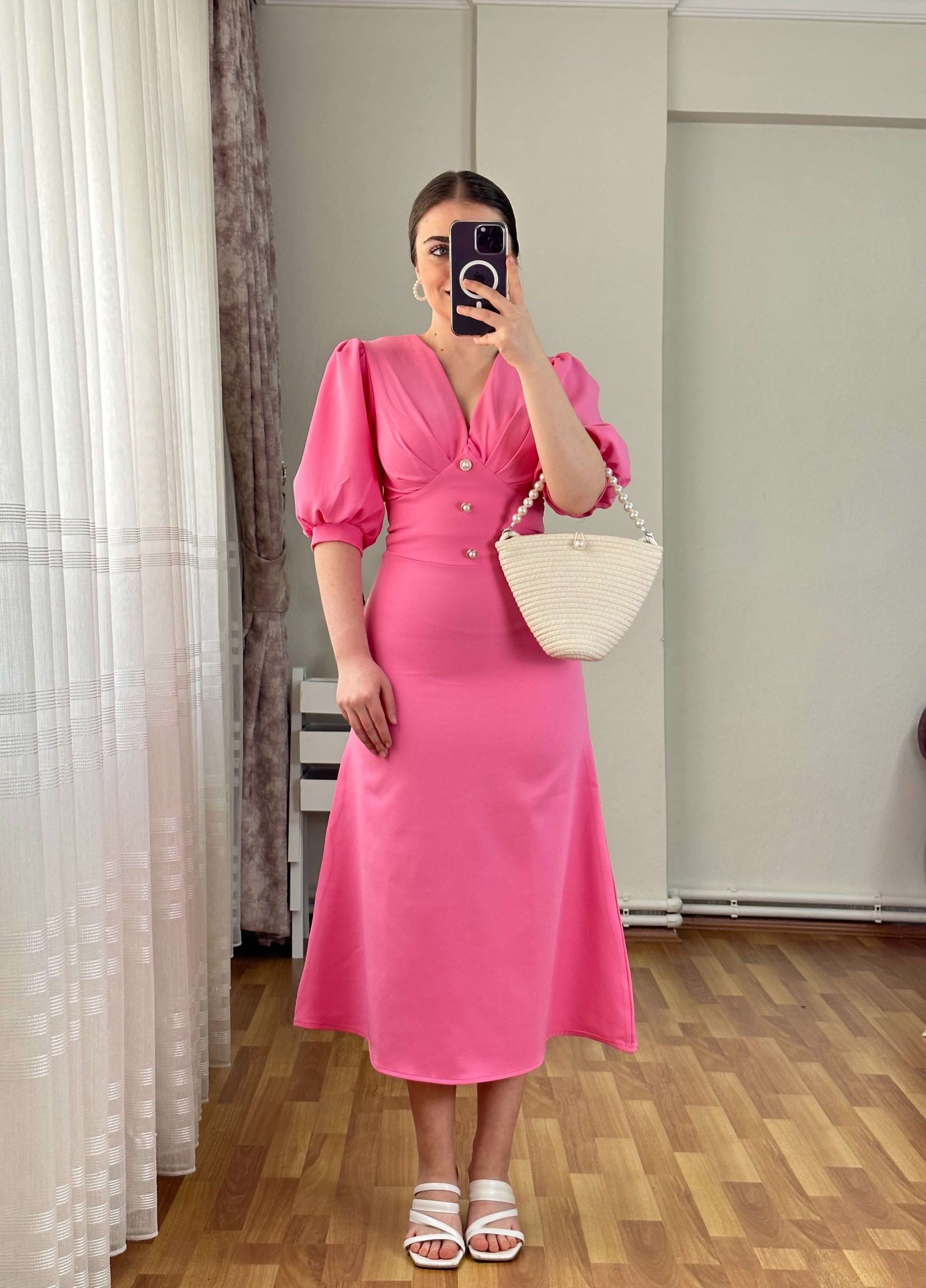 Kaesta  Balon  Kol Önü Düğme Detay Midi Elbise - Pembe