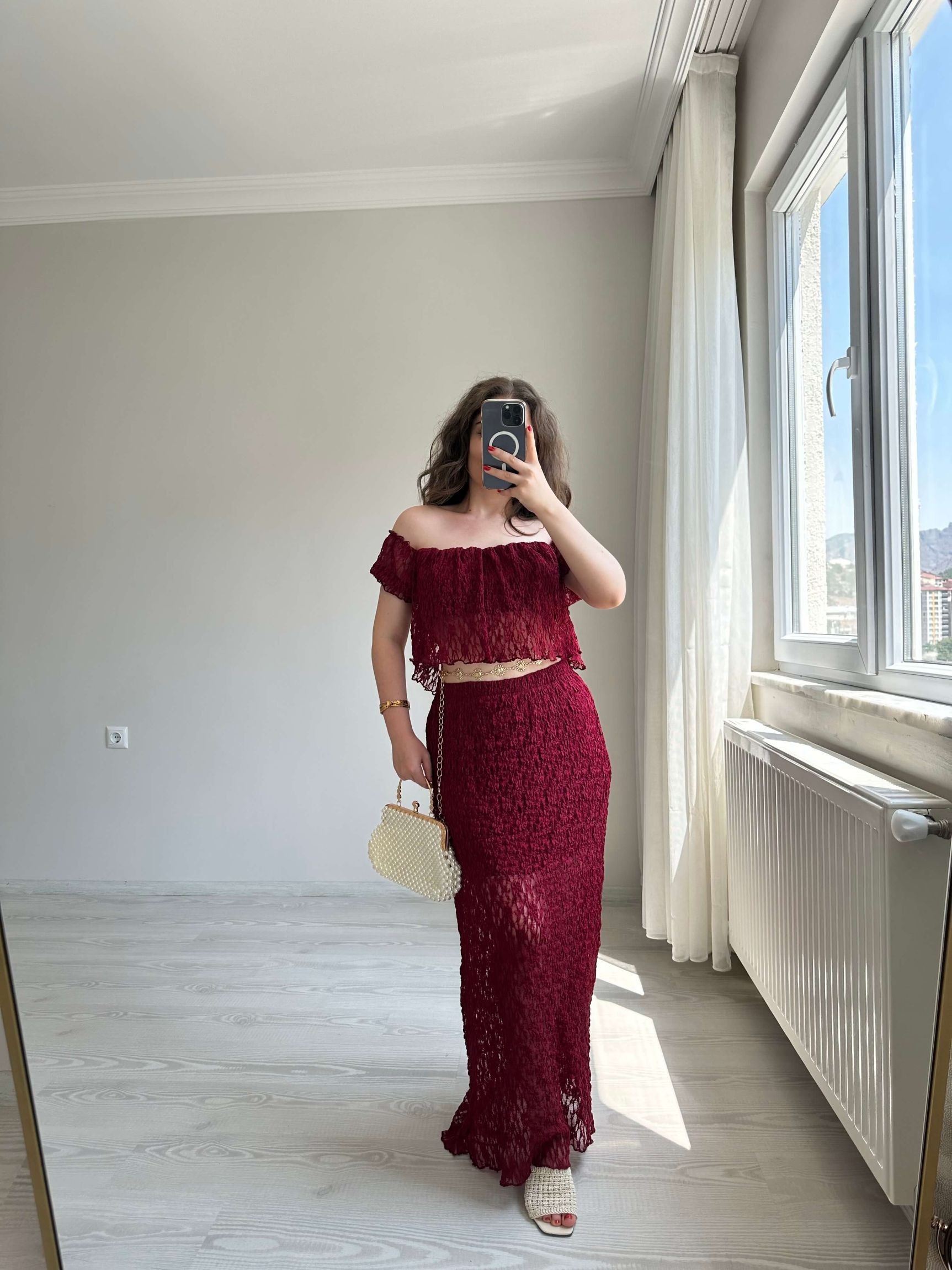 Dantelli Astarlı Crop Etek Takım - Bordo
