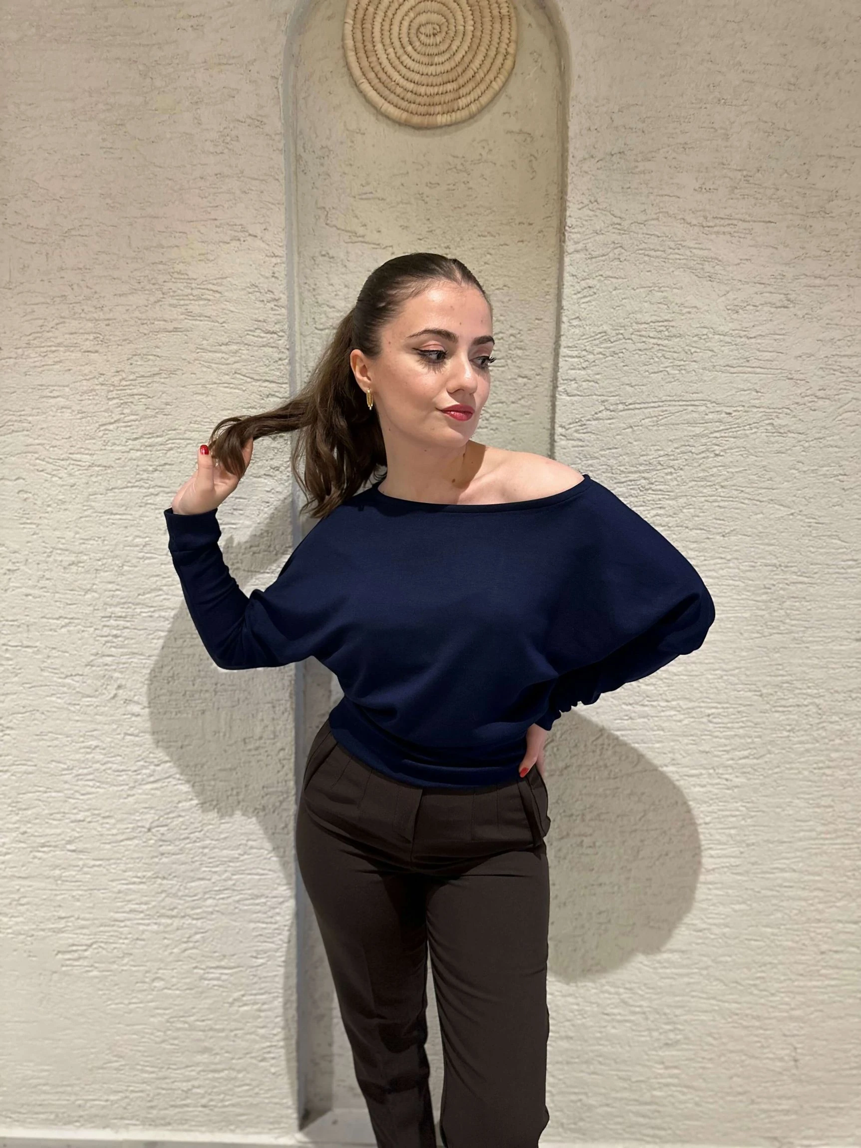 OYS Etiketli Yarasa Kol Kayık Yaka Bluz - Lacivert