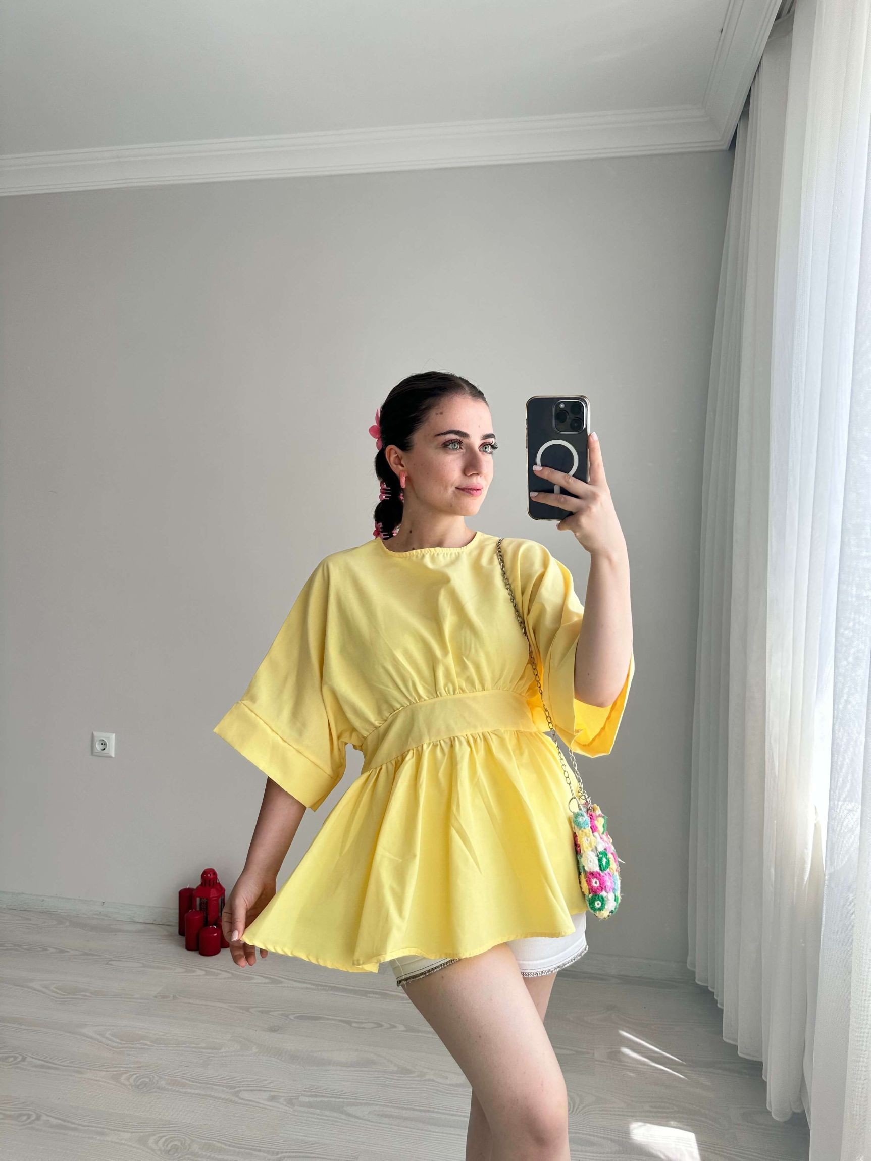 Poplin Kumaş Bluz - Sarı