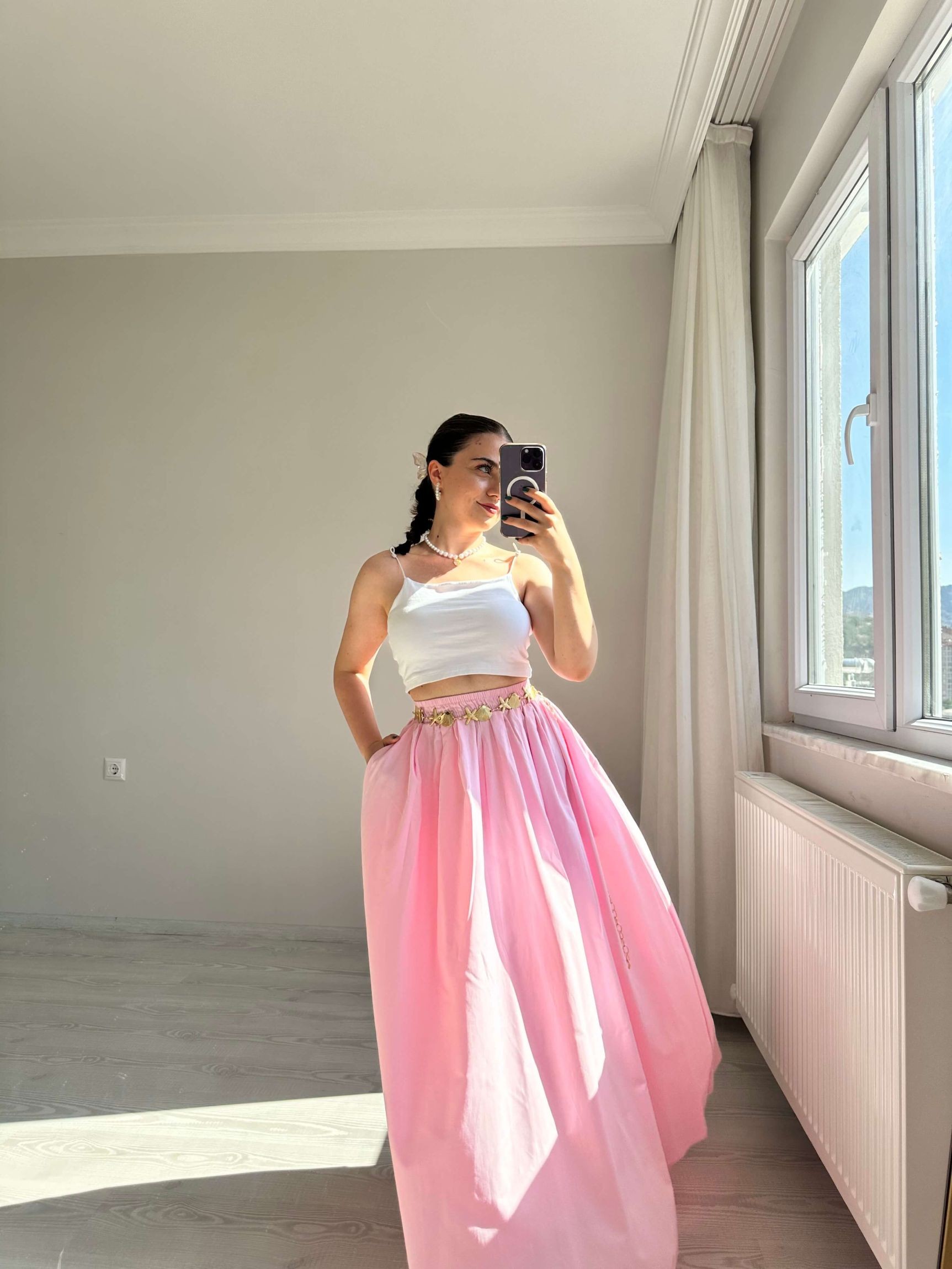 Poplin Kumaş Kabarık Etek - Pembe