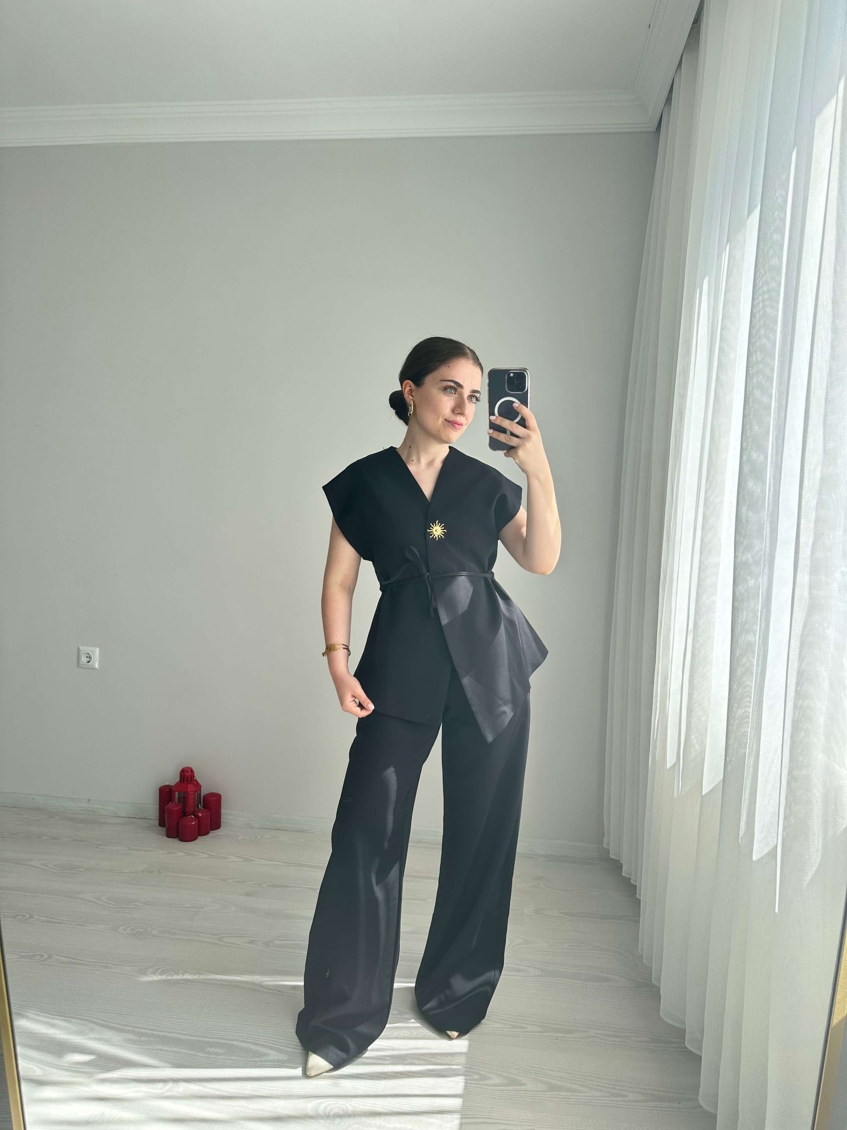 Güneş Düğmeli Yelek Pantolon Takım - Siyah