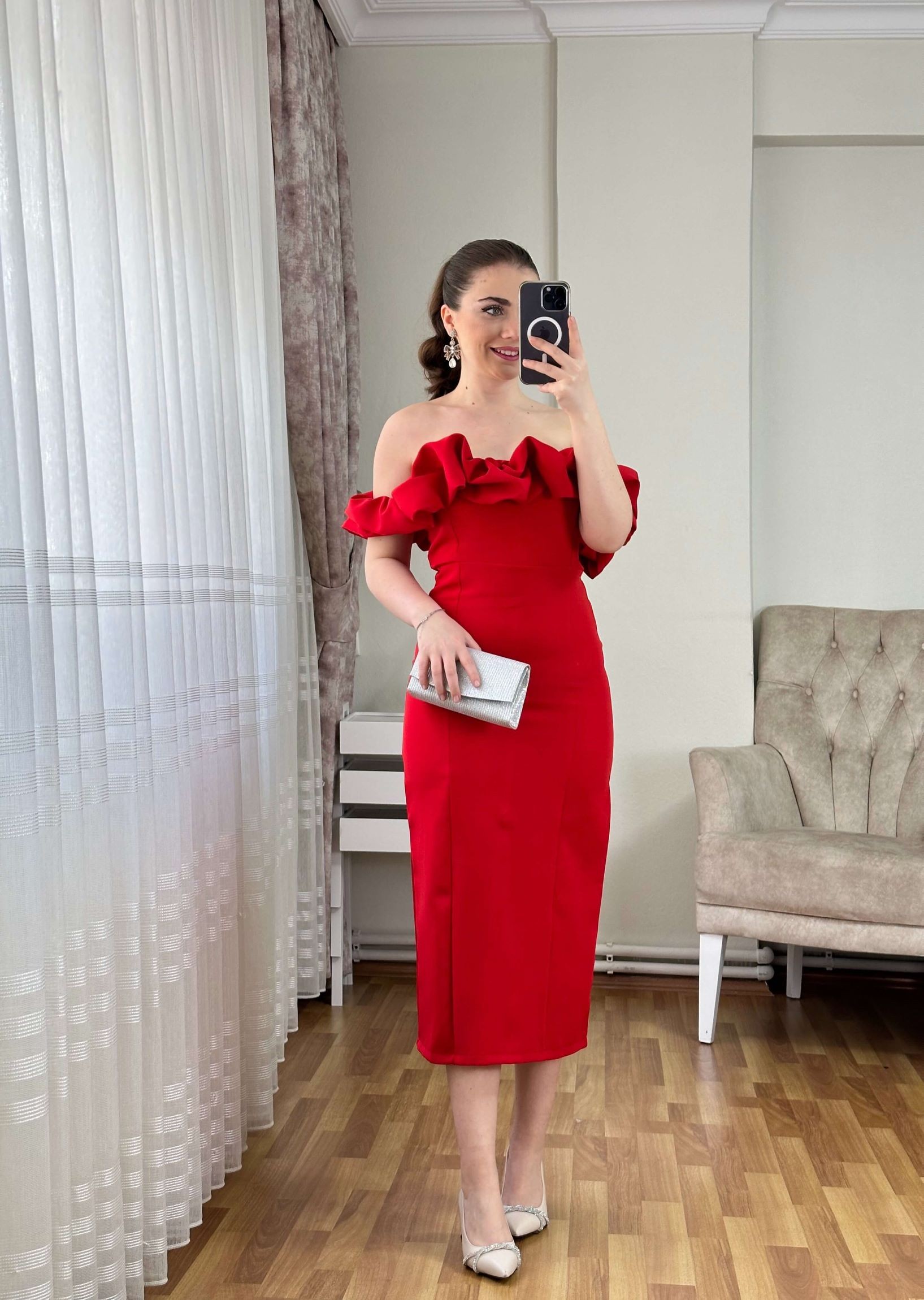Fırfır Straplez Kalem Kesim Elbise - Kırmızı