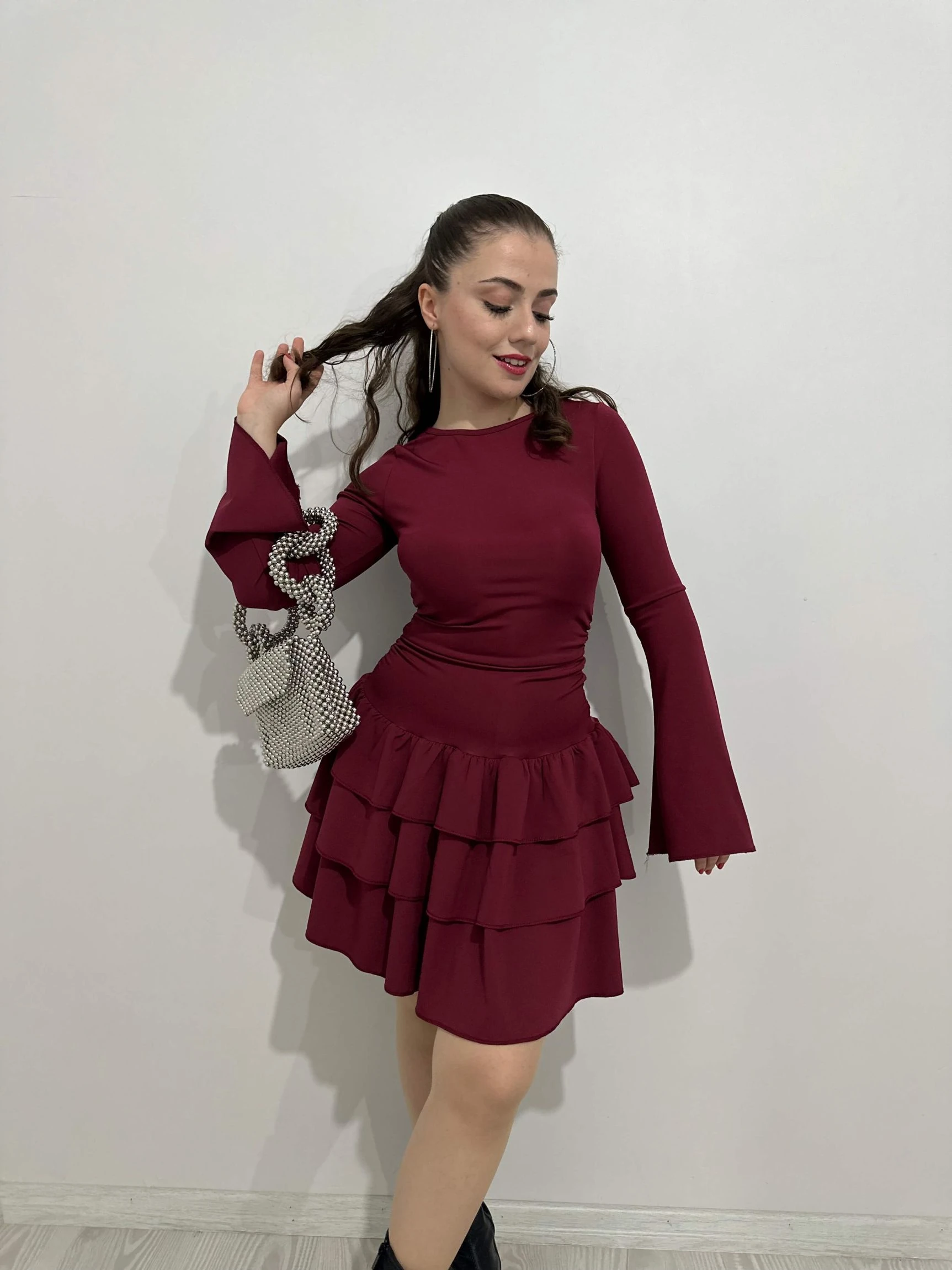 Eteği Kat Kat Kısa Elbise - Bordo