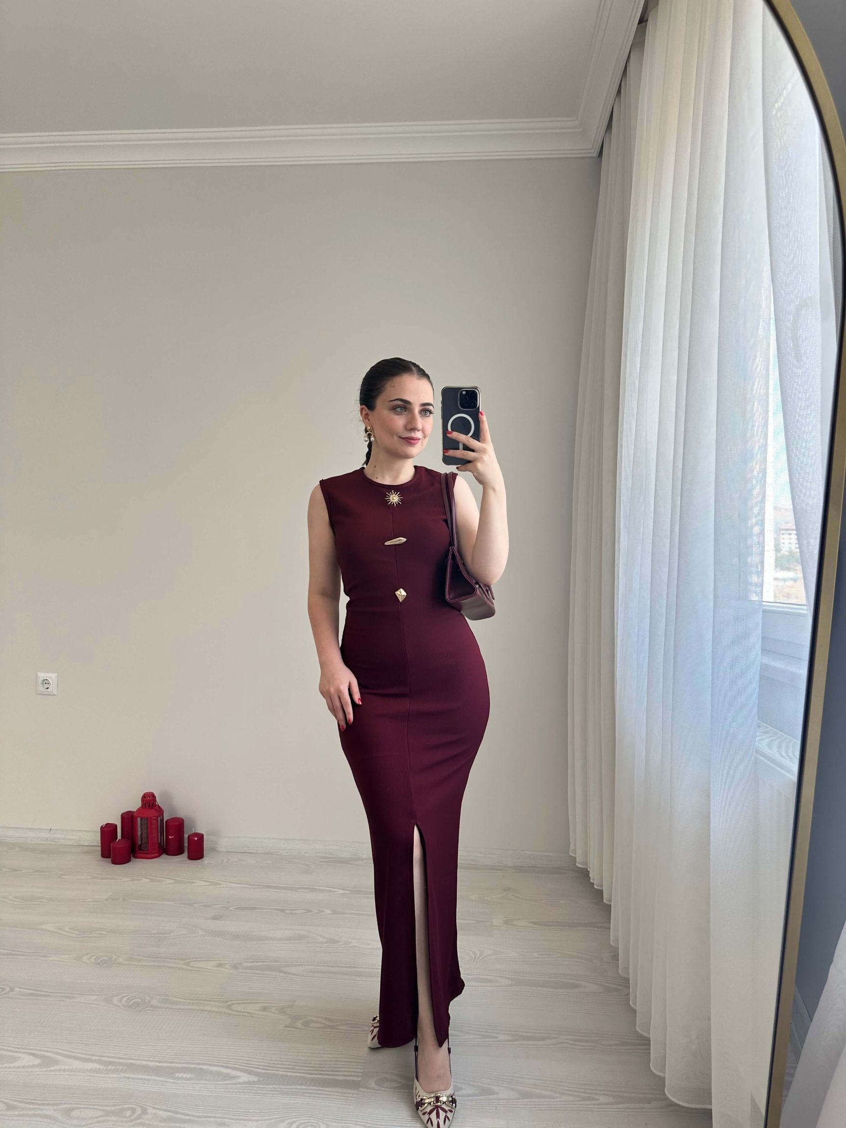 Gold Tokalı Ottoman Kumaş Elbise - Bordo
