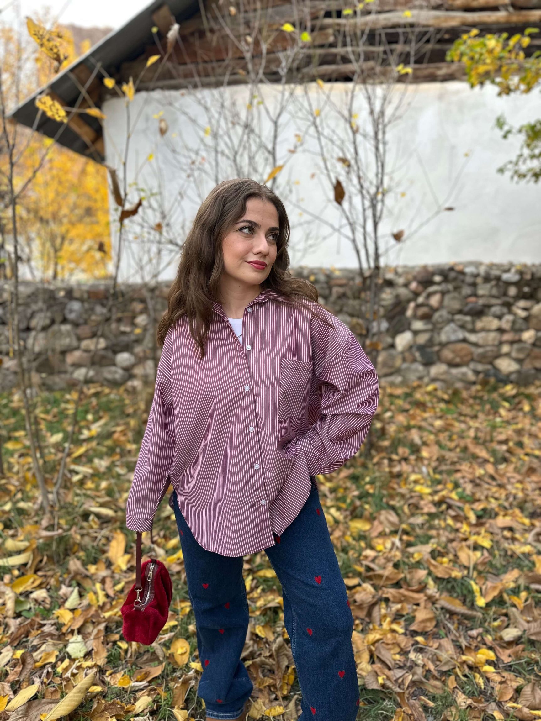 Çizgili Poplin Kumaş Gömlek - Bordo