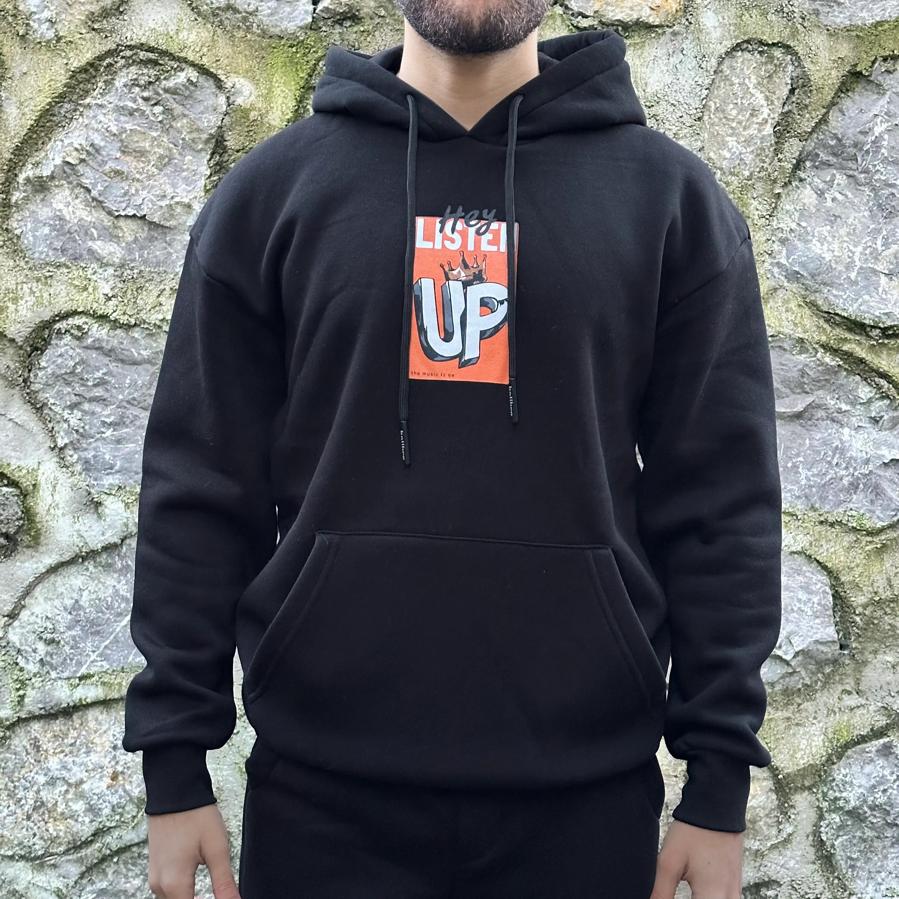 LISTEN UP Siyah Baskılı Oversize Hoodie