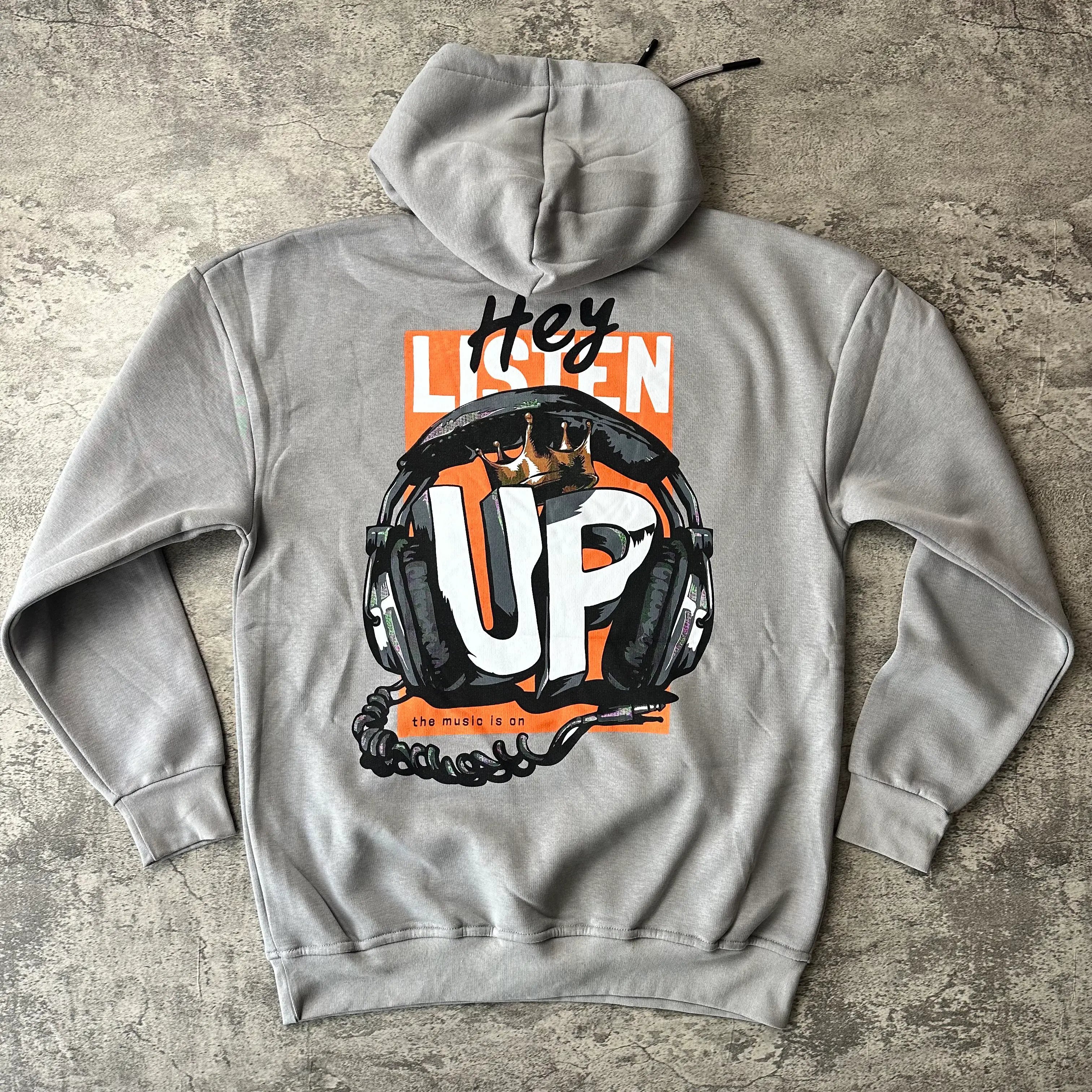 LISTEN UP Gri Baskılı Oversize Hoodie