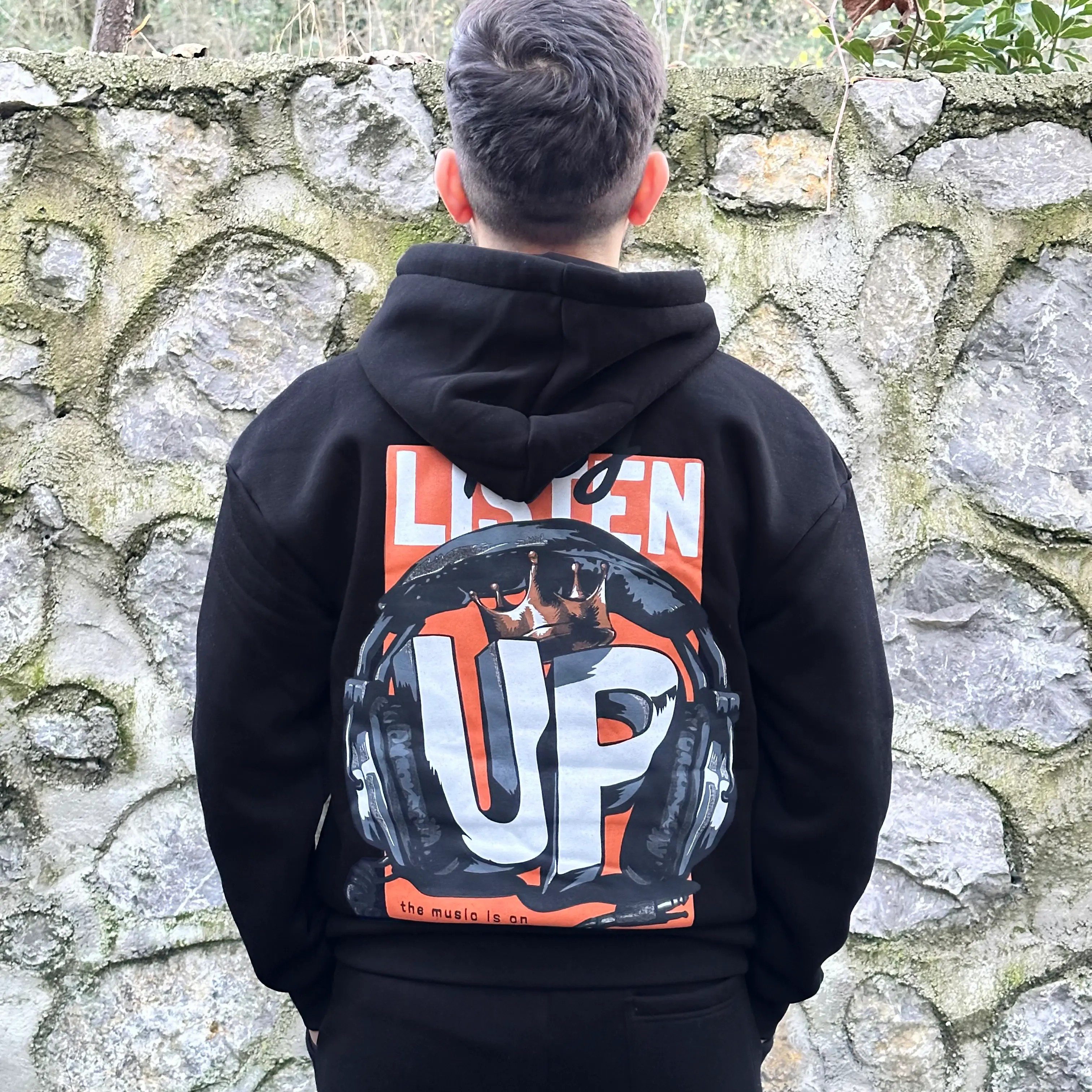 LISTEN UP Siyah Baskılı Oversize Hoodie