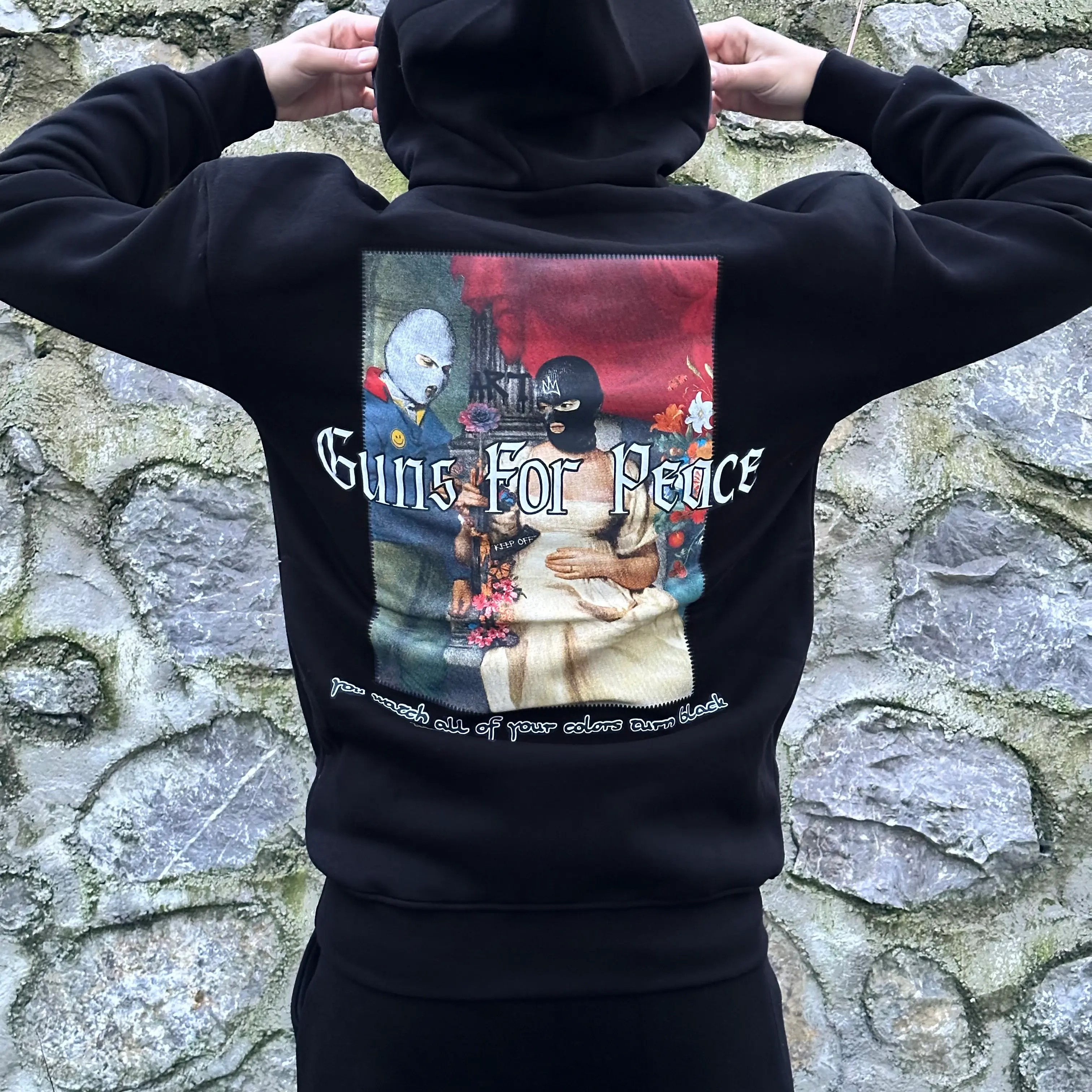 Guns For Peace Siyah Baskılı Oversize Hoodie