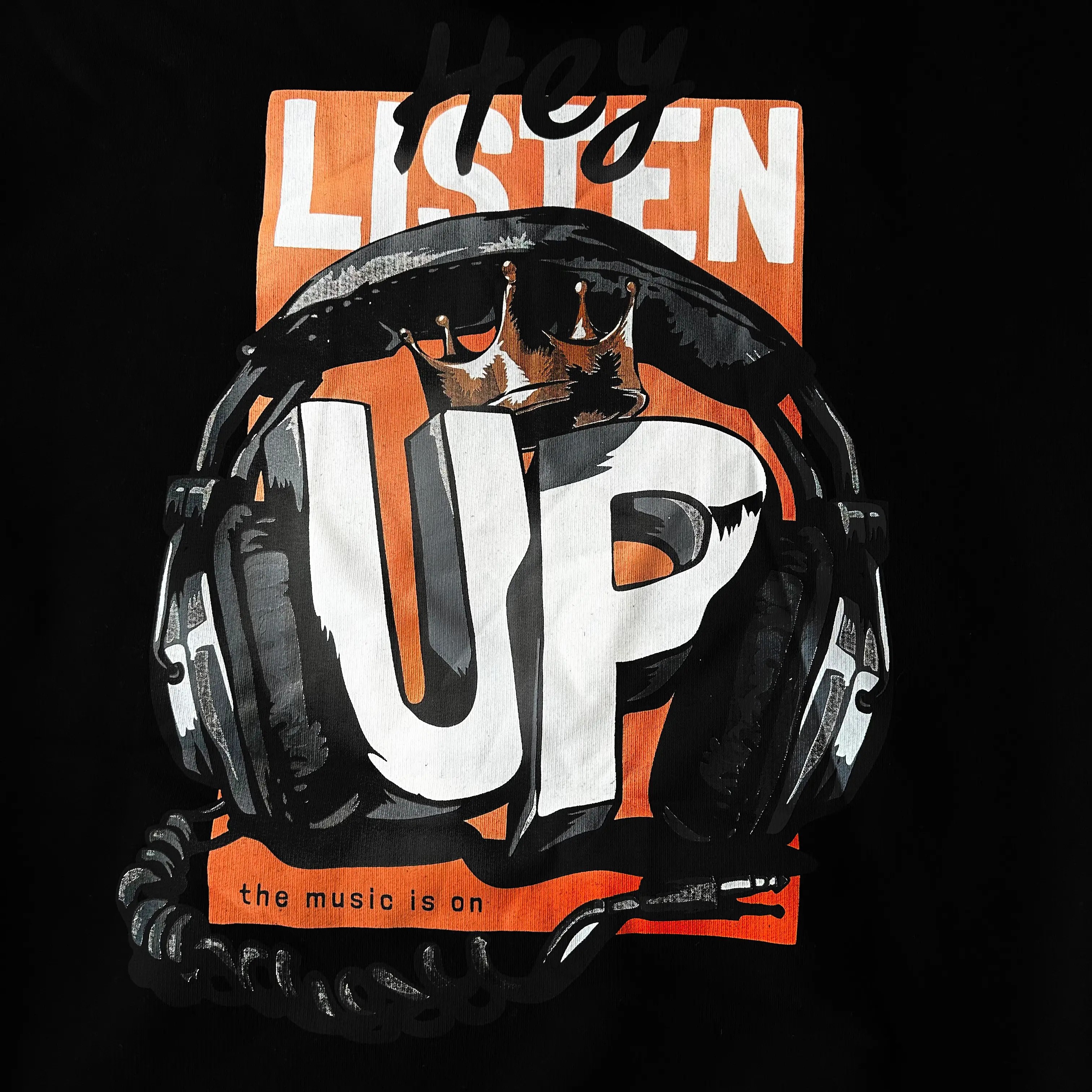 LISTEN UP Siyah Baskılı Oversize Hoodie