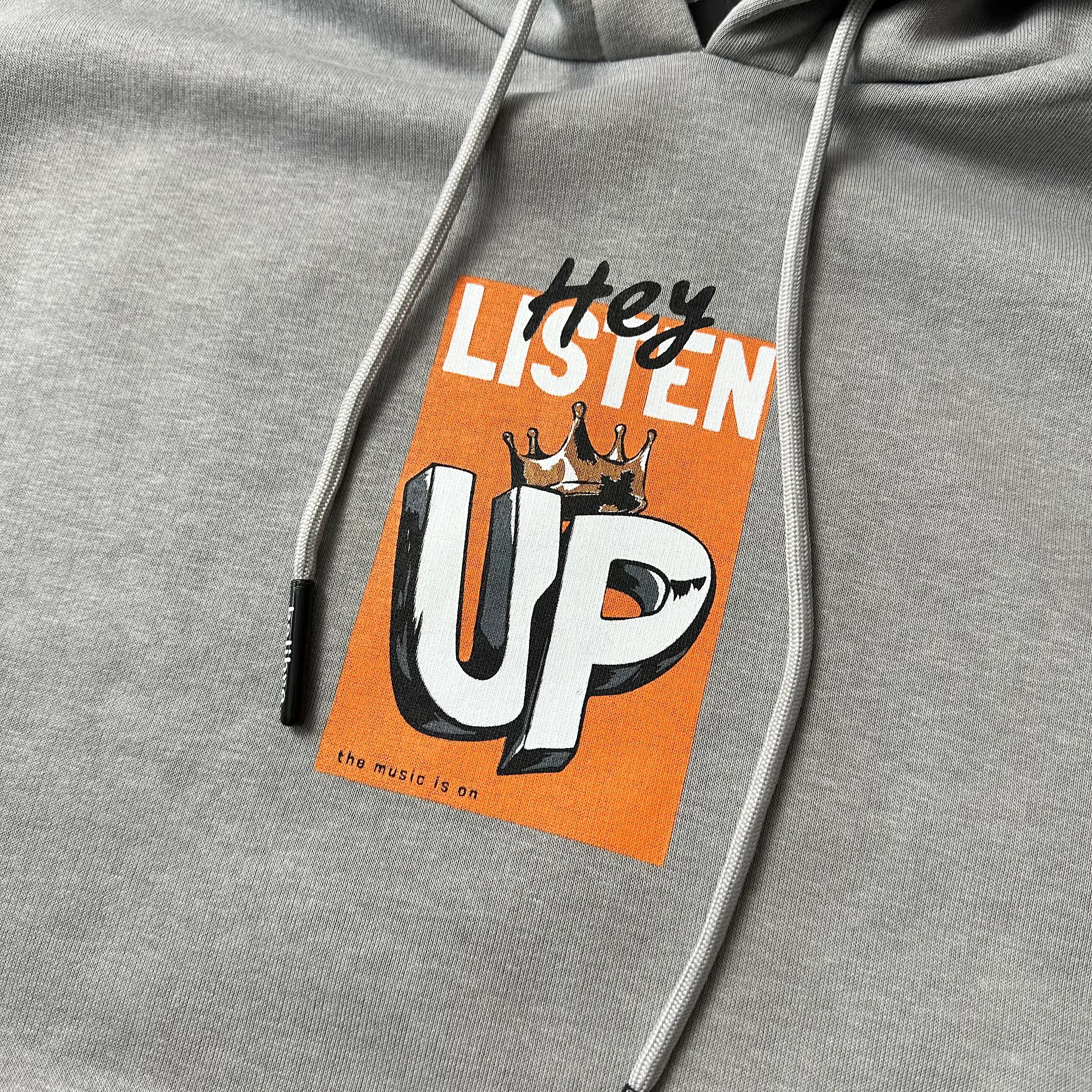 LISTEN UP Gri Baskılı Oversize Hoodie